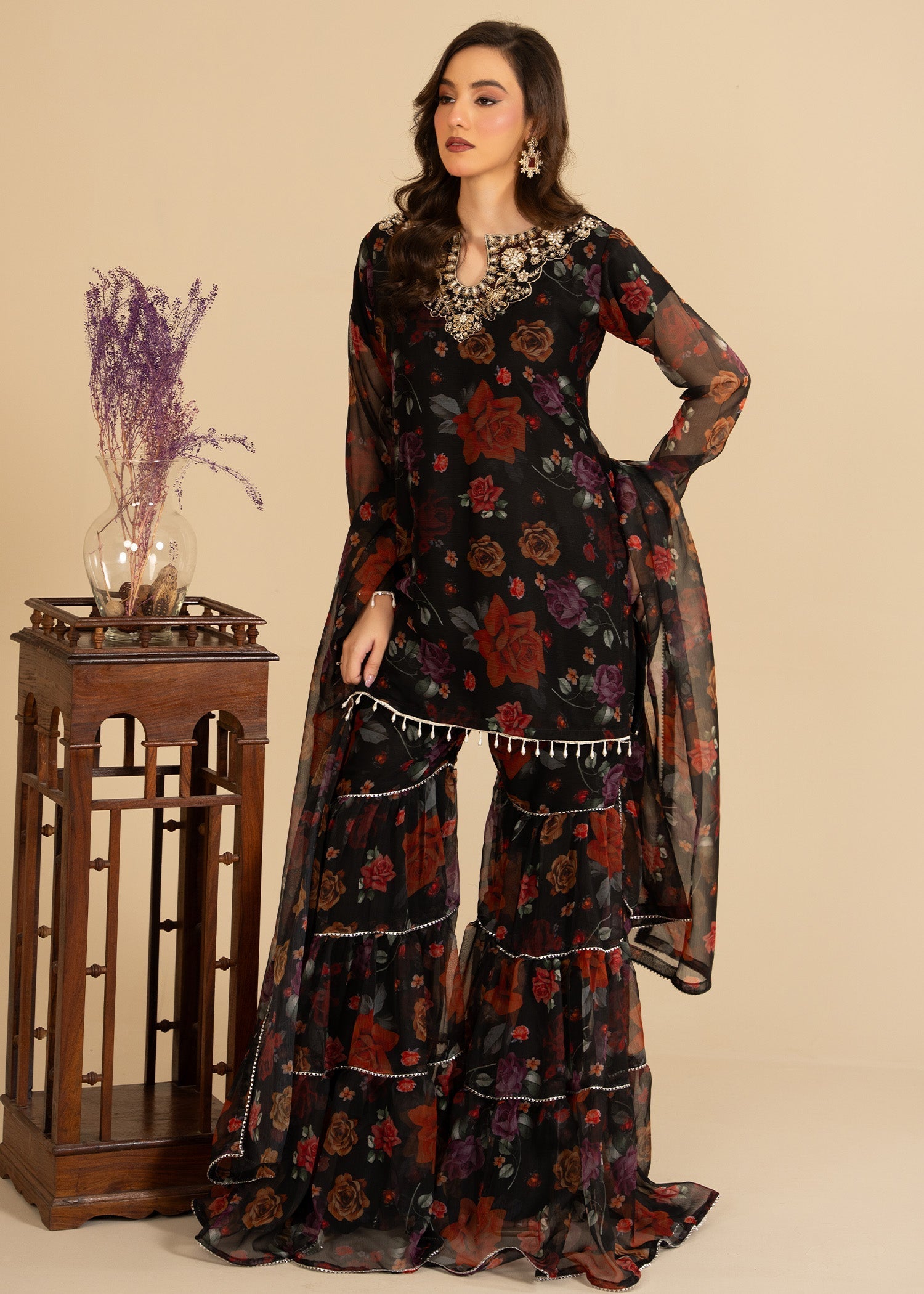 bemberg crinkle chiffon Gharara in Black