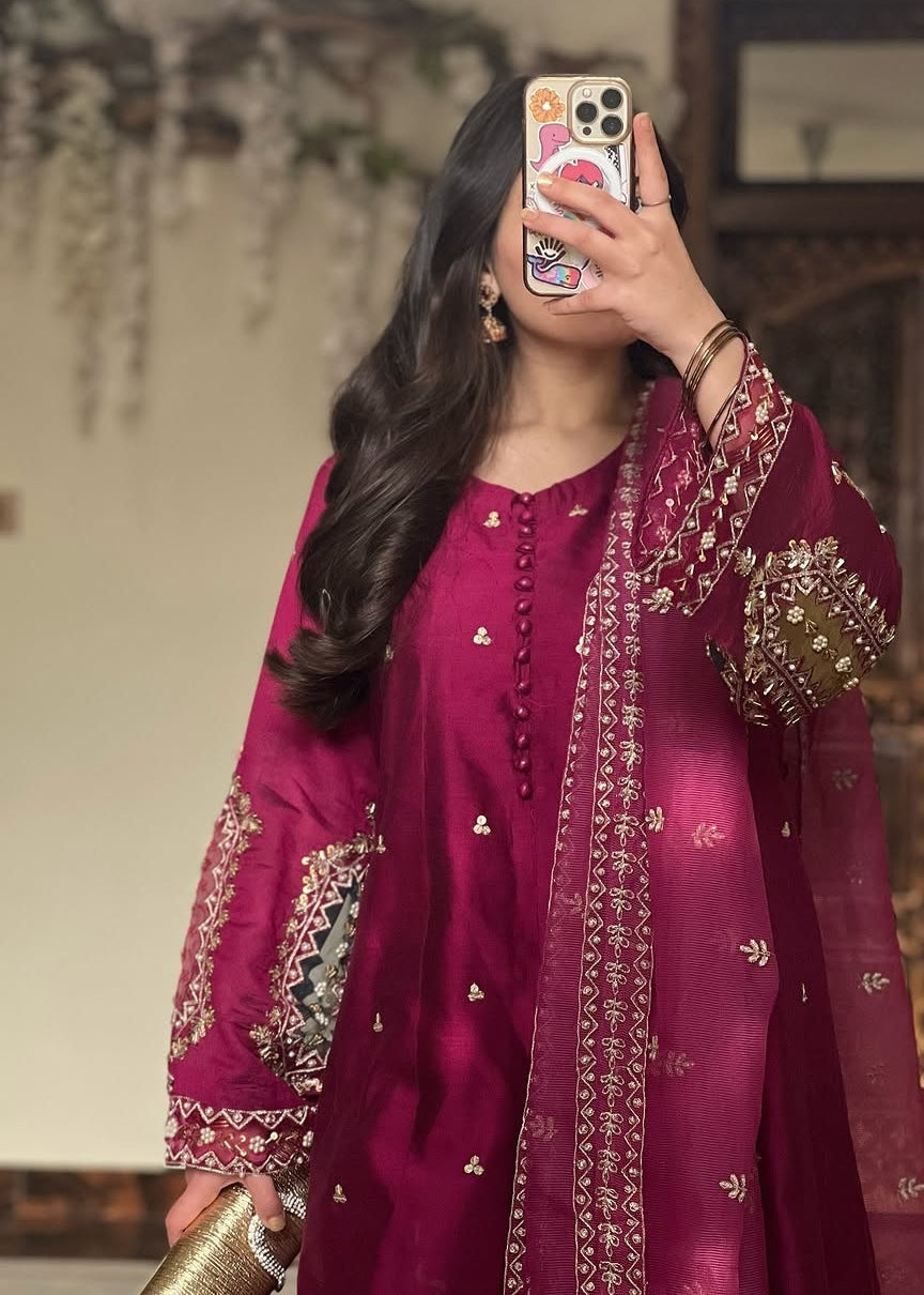 raw silk Pishwas in Plum purple