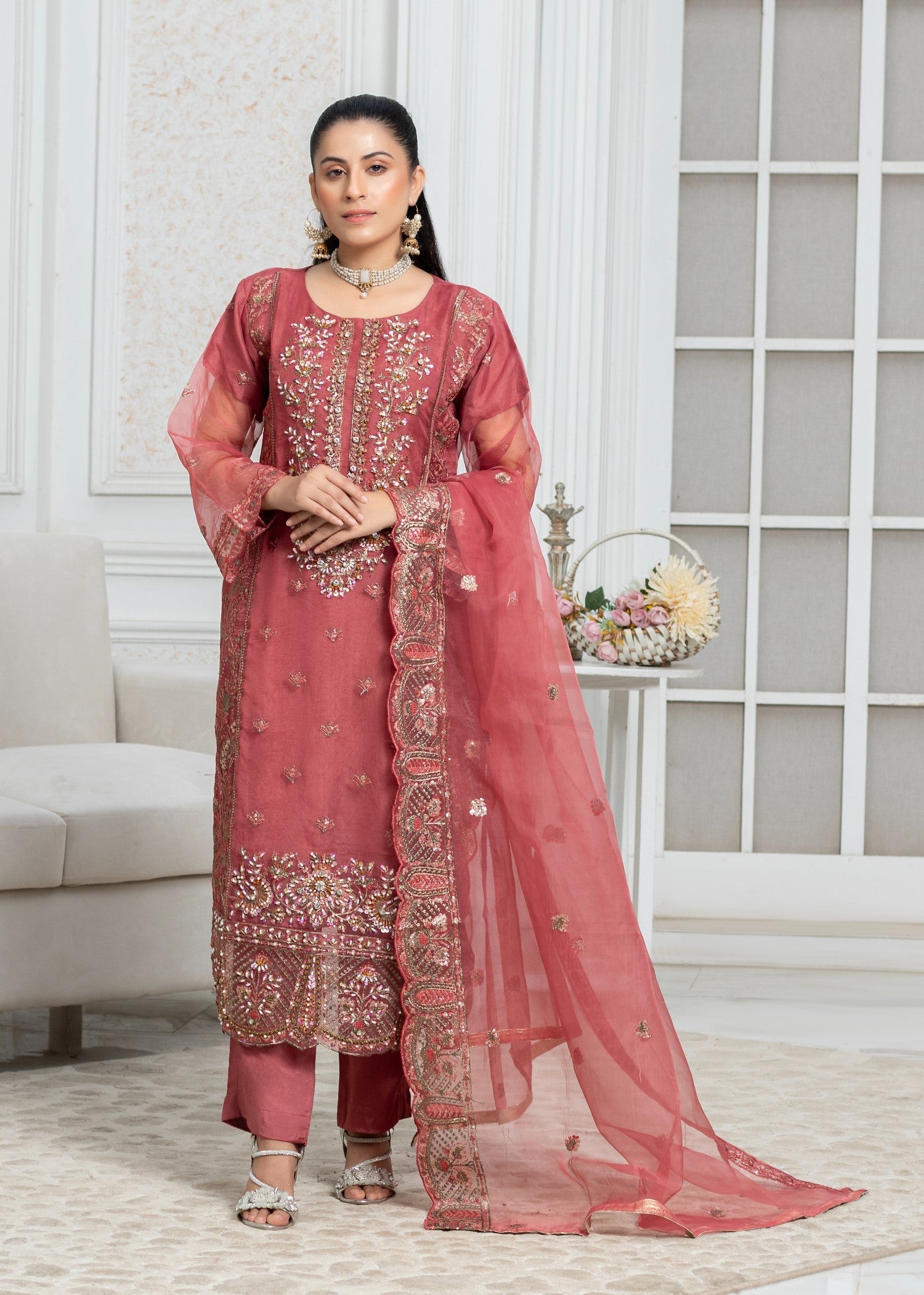 organza Kurta Set in Taffy pink
