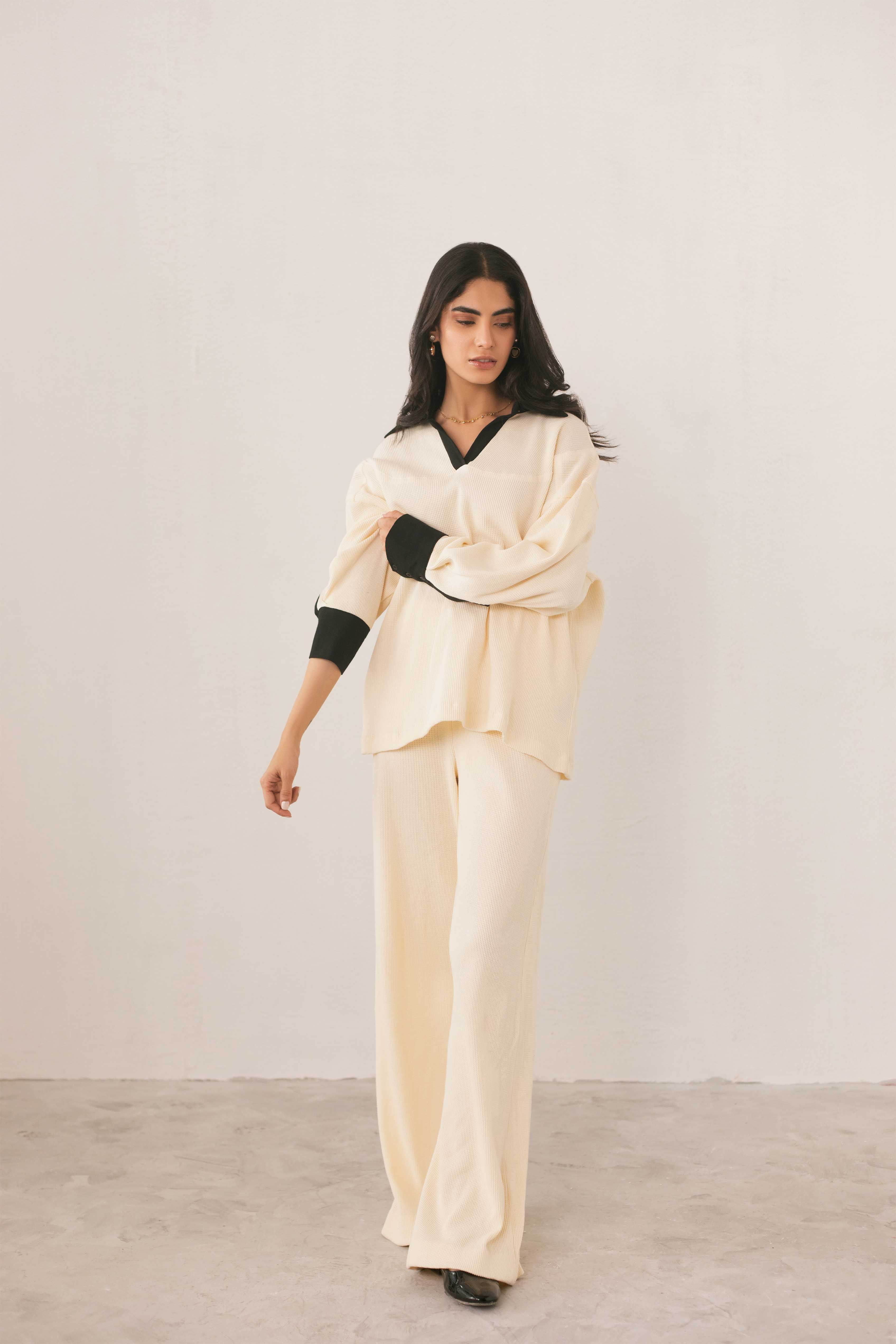 yarn dyed jacquard Trousers in Cream