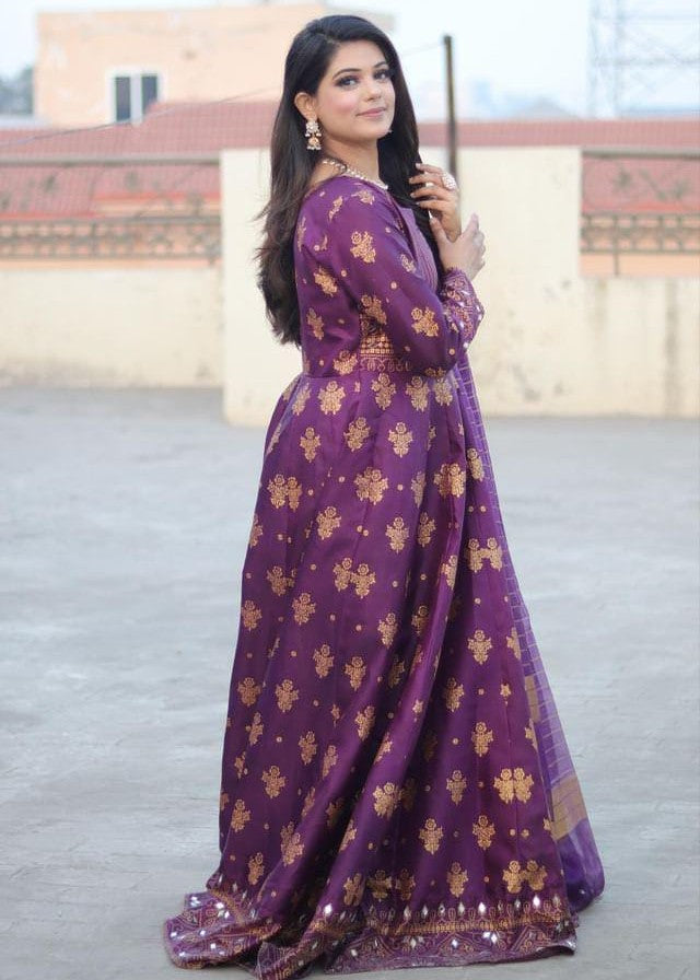 satin silk Anarkali in Purple