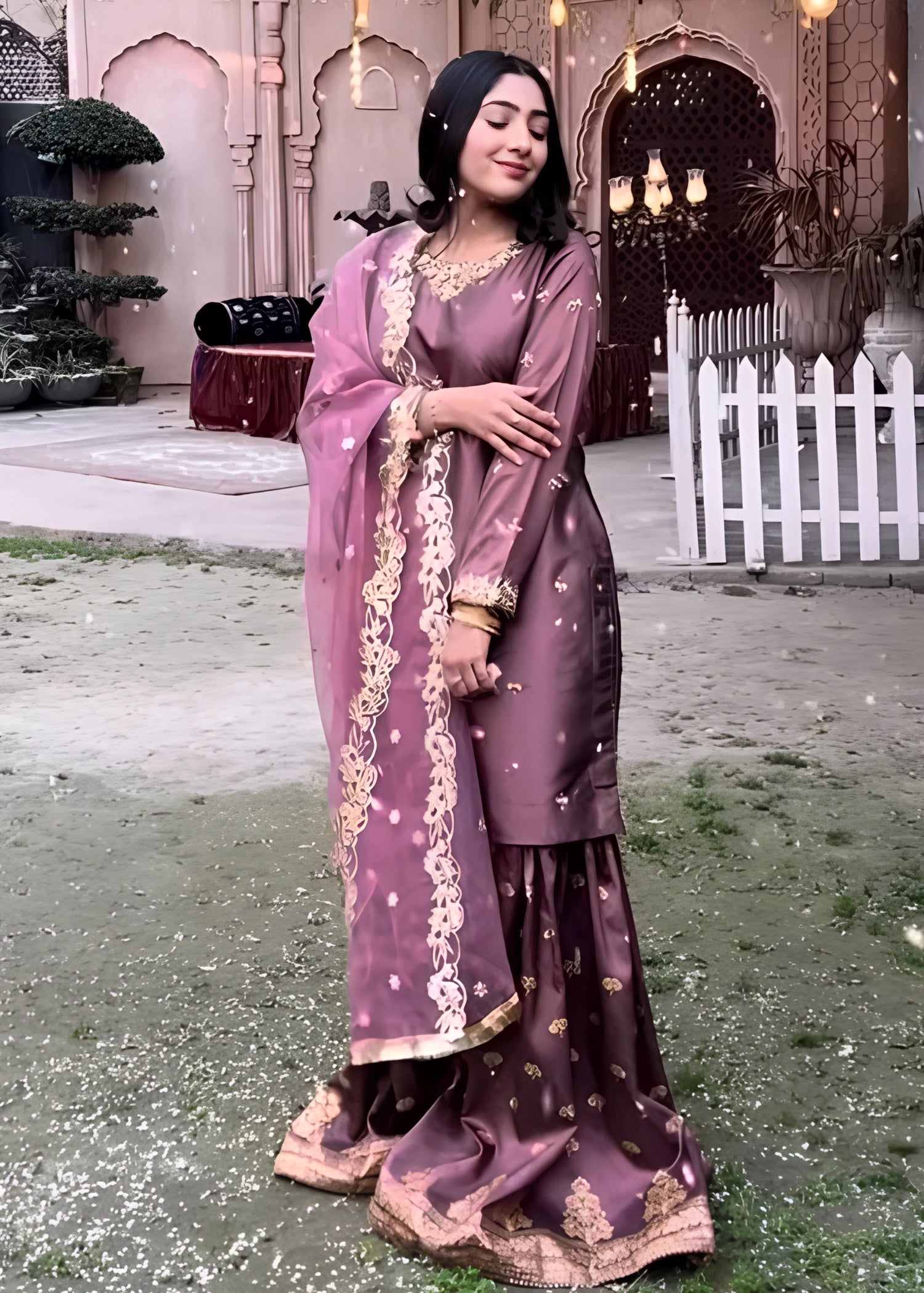 poly silk Gharara in Tea rose pink