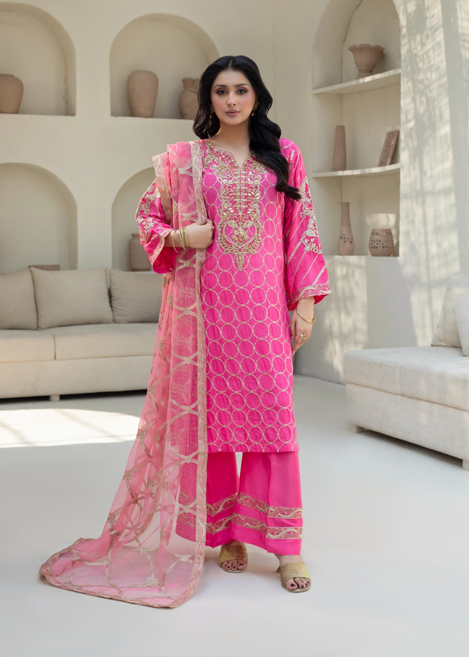 pure silk Kurta Set in Hot pink