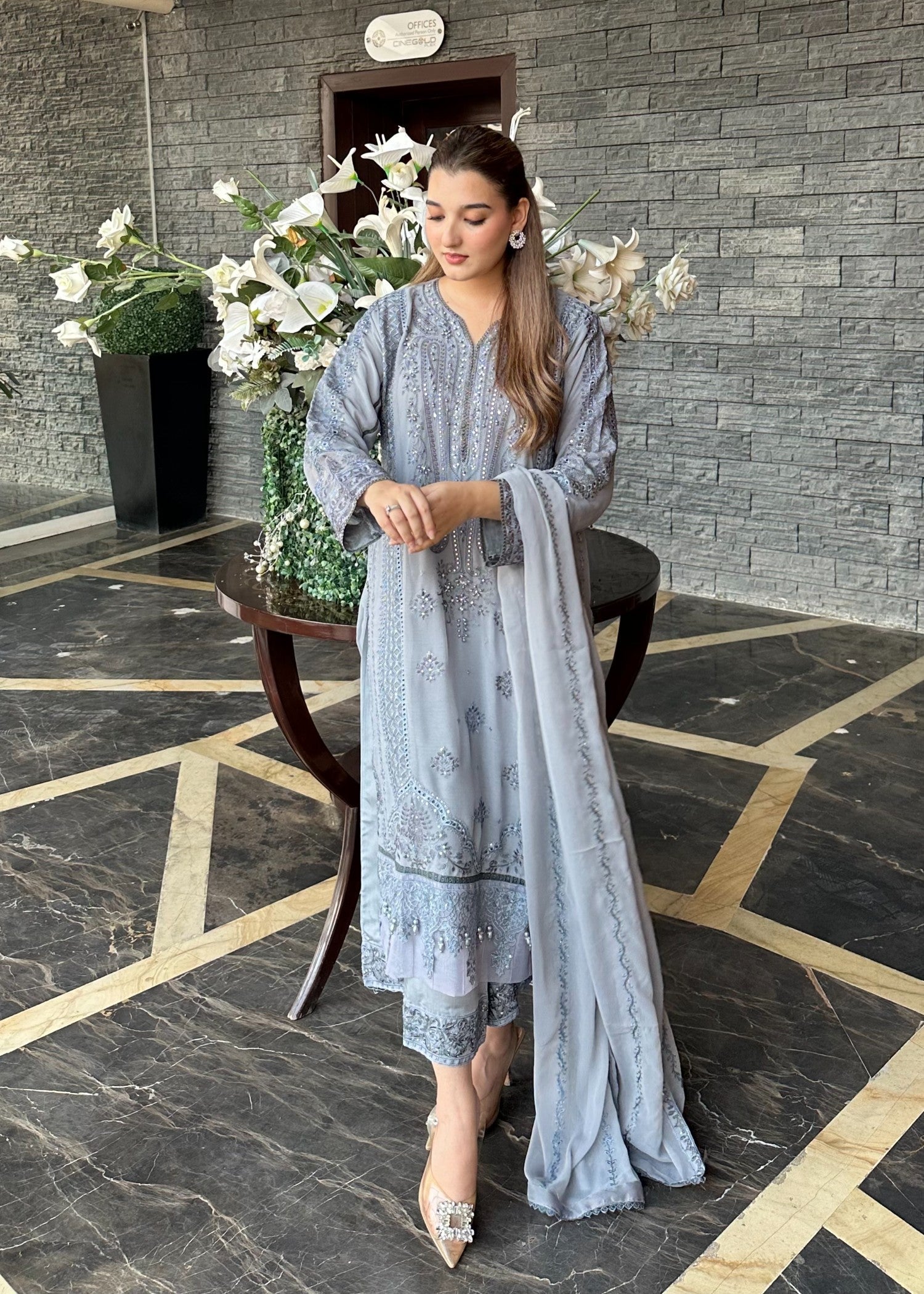 chiffon Kurta Set in Duck egg grey