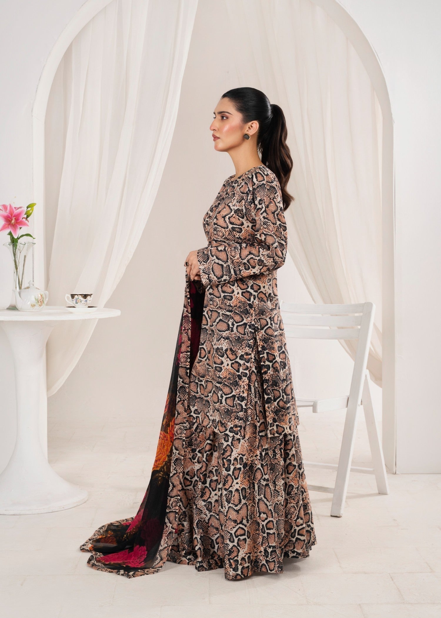 lawn Sharara in Tan brown