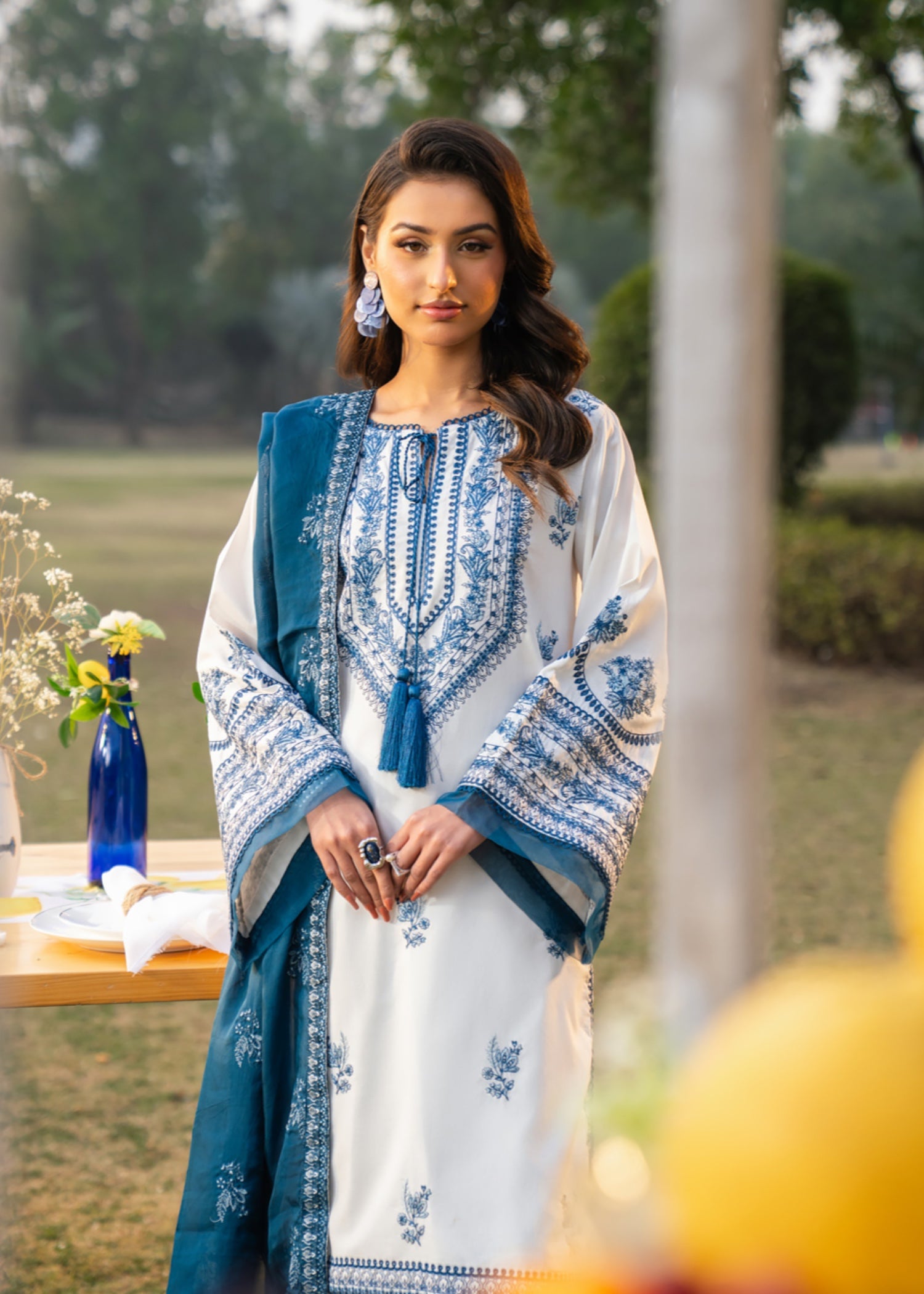 lawn Kurta Set in White, steel blue
