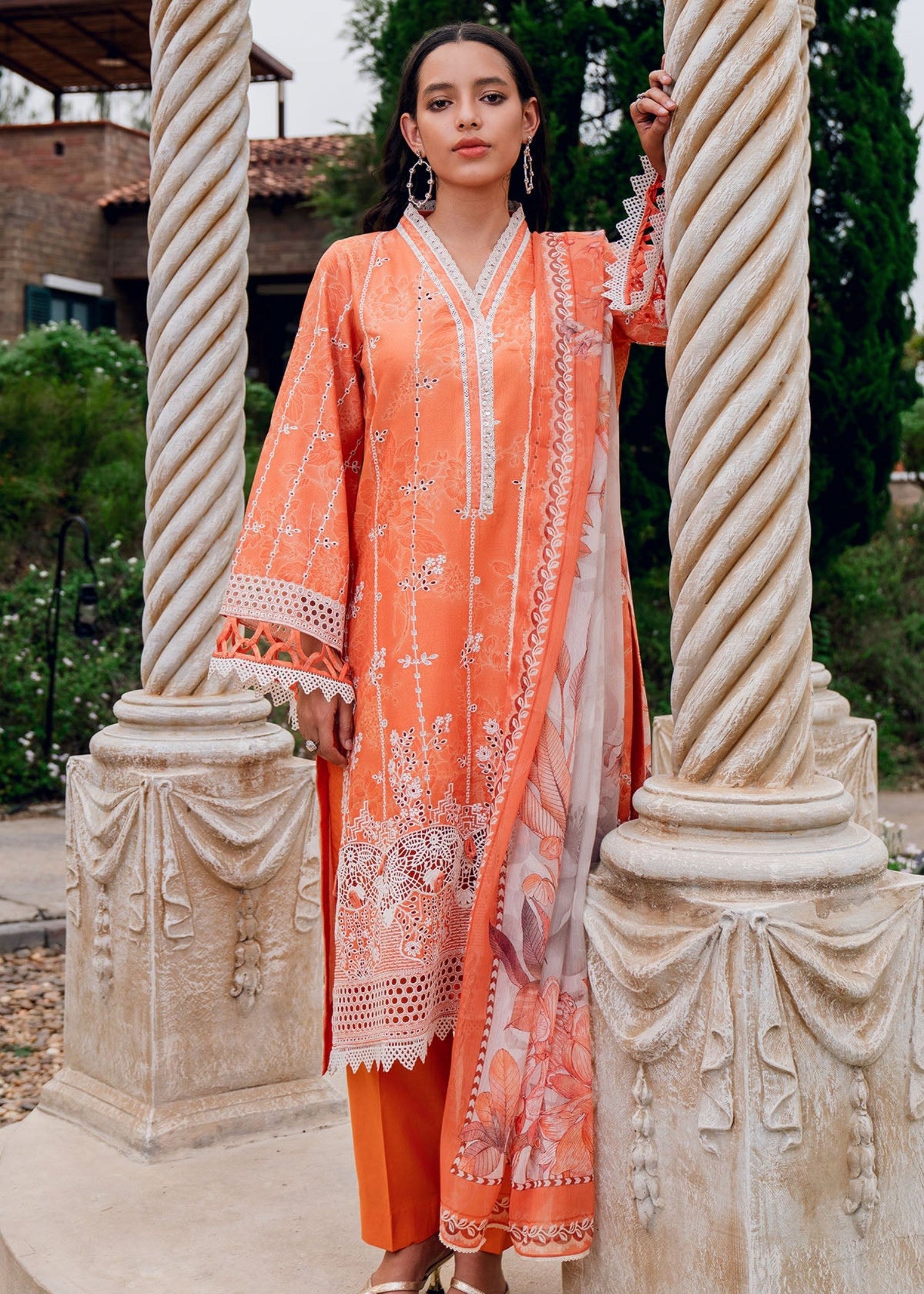 lawn Unstitched in Coral orange, lilac
