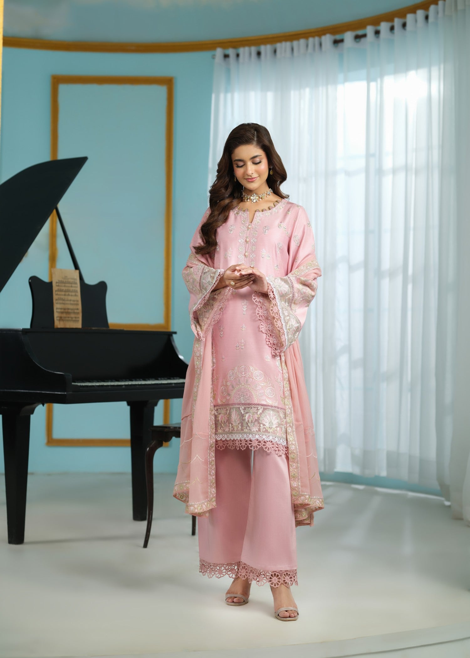 cambric cotton Kurta Set in Pink