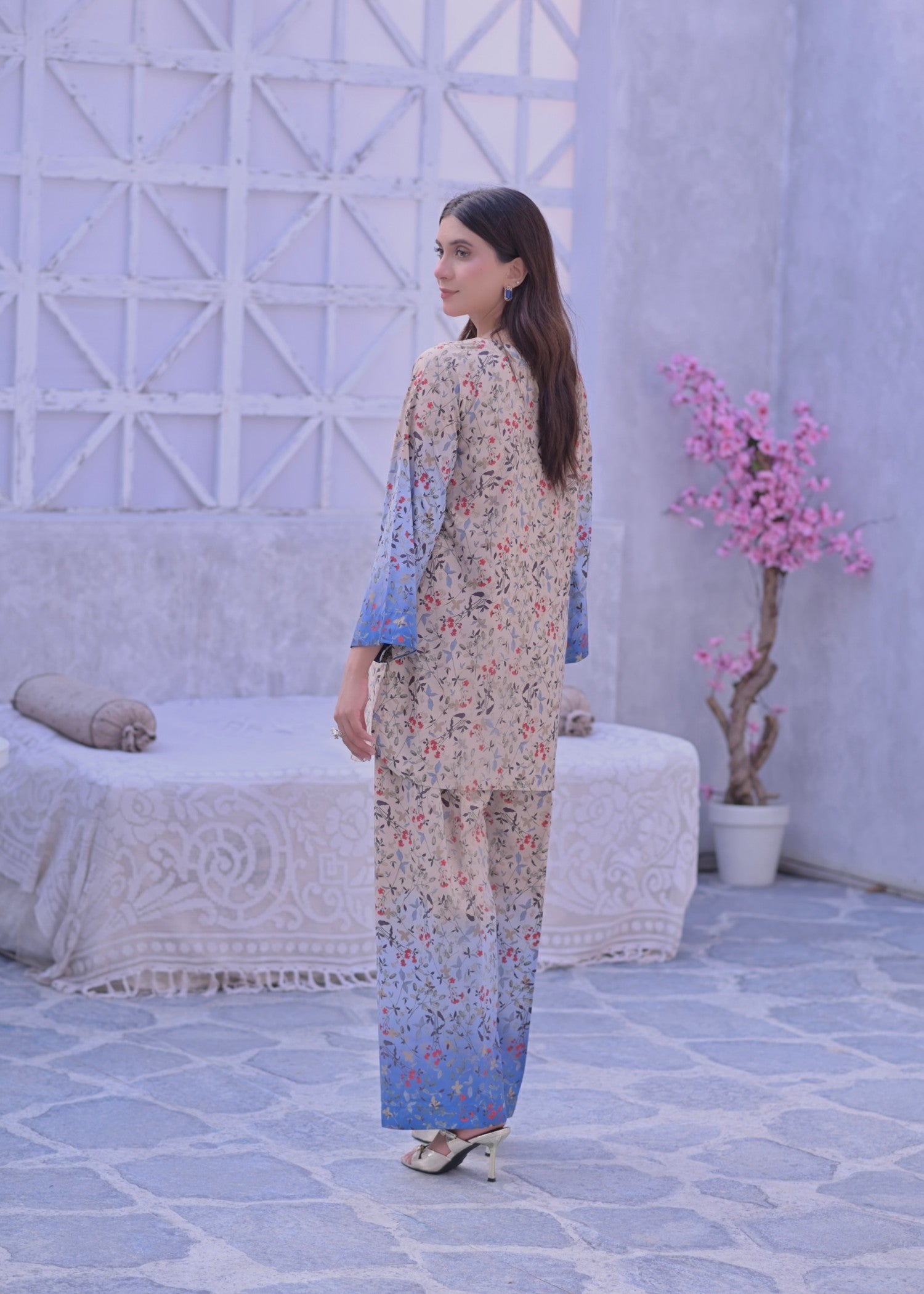 crepe Co Ord Sets in Beige, blue