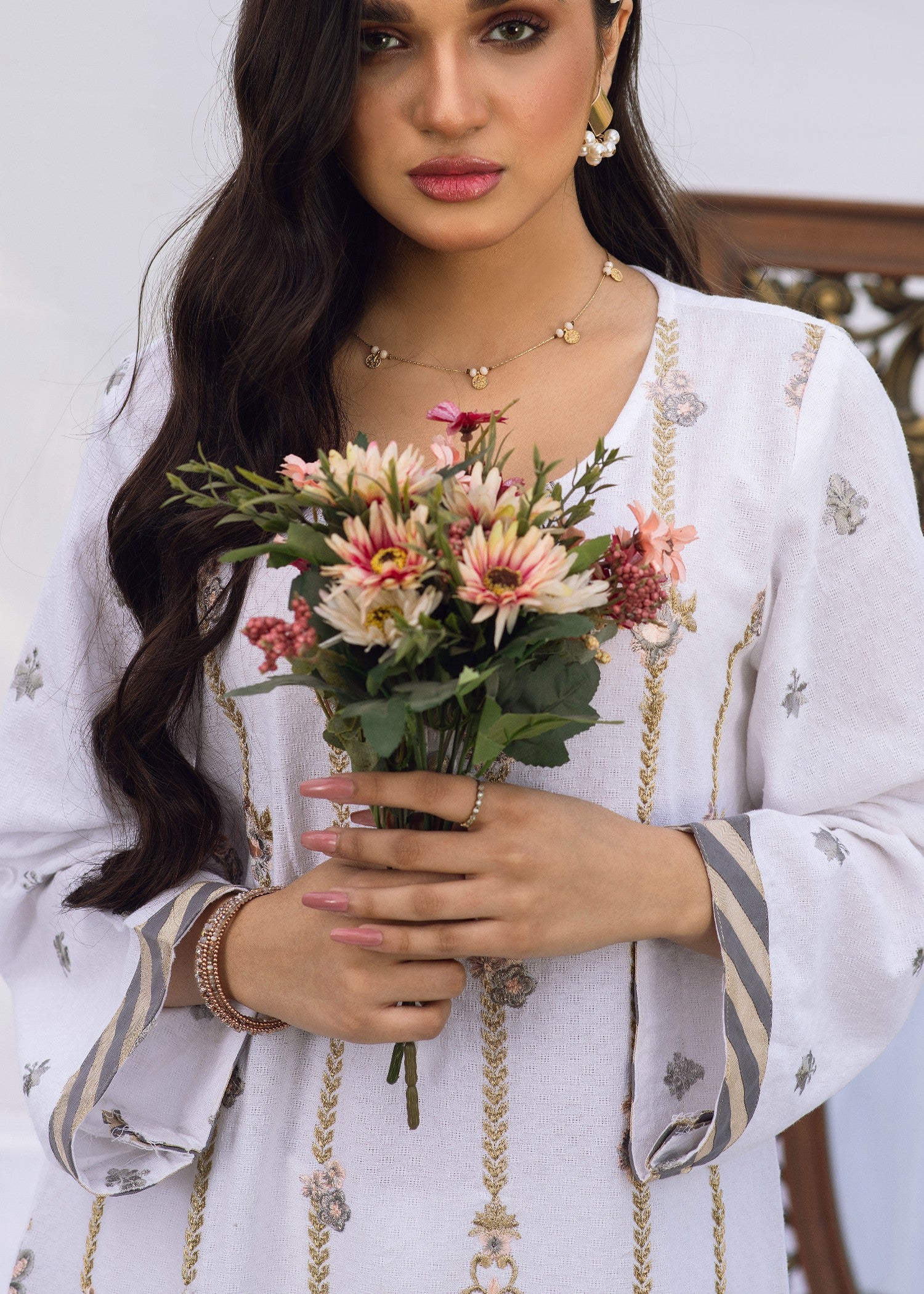 self jacquard Kurti in White