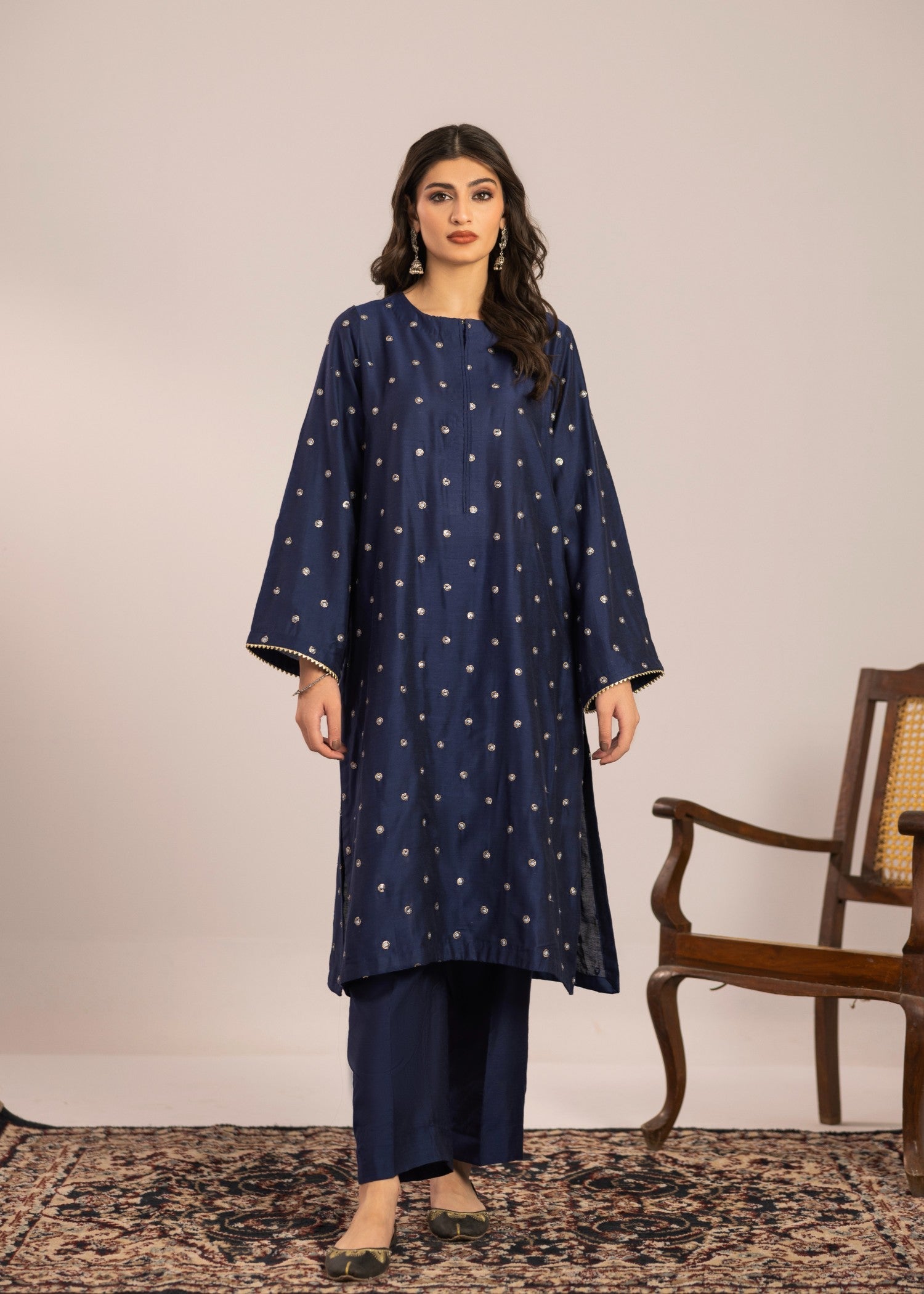 chambray Kurta Set in Royal blue