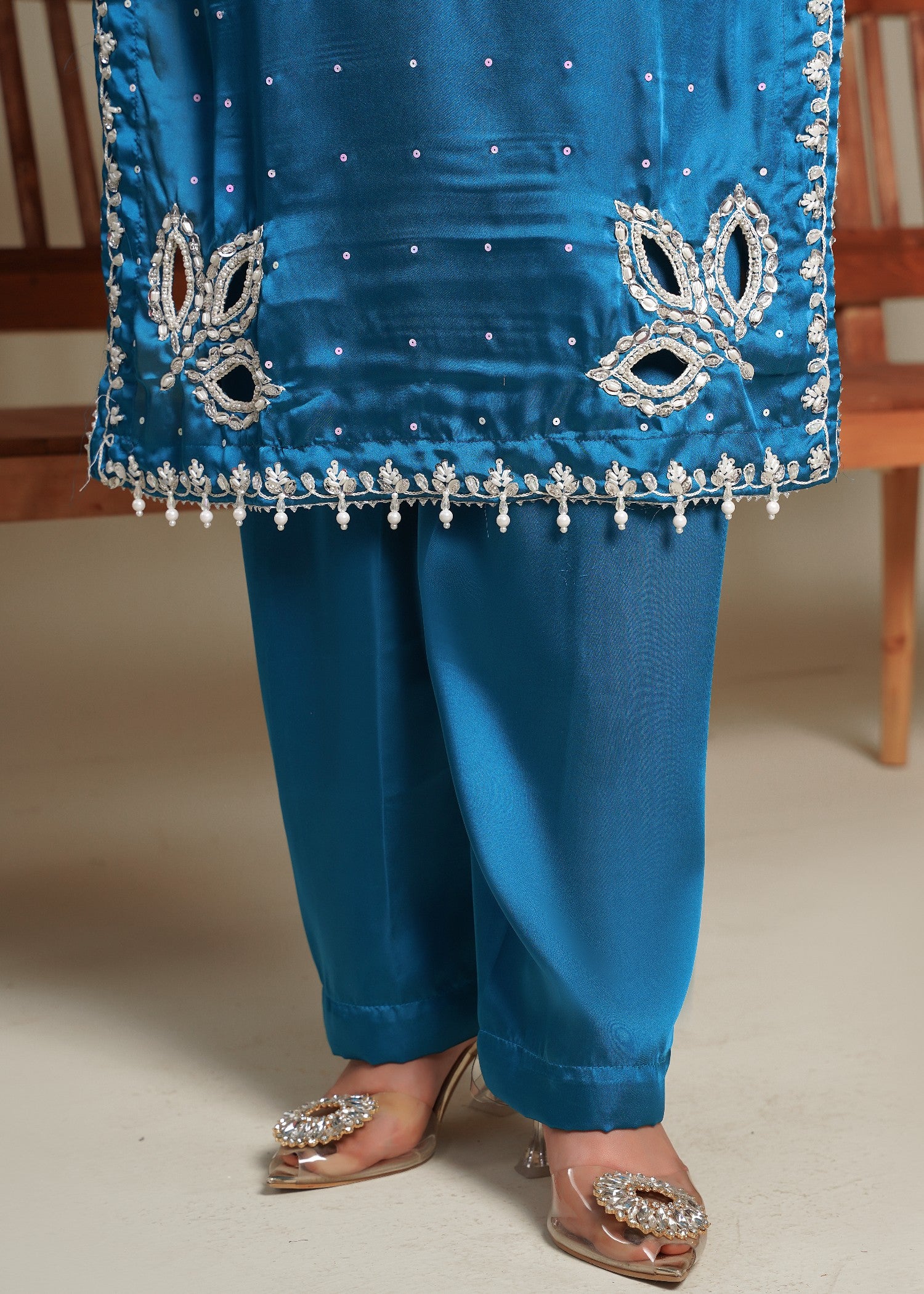 silk Kurta Set in Dodger blue