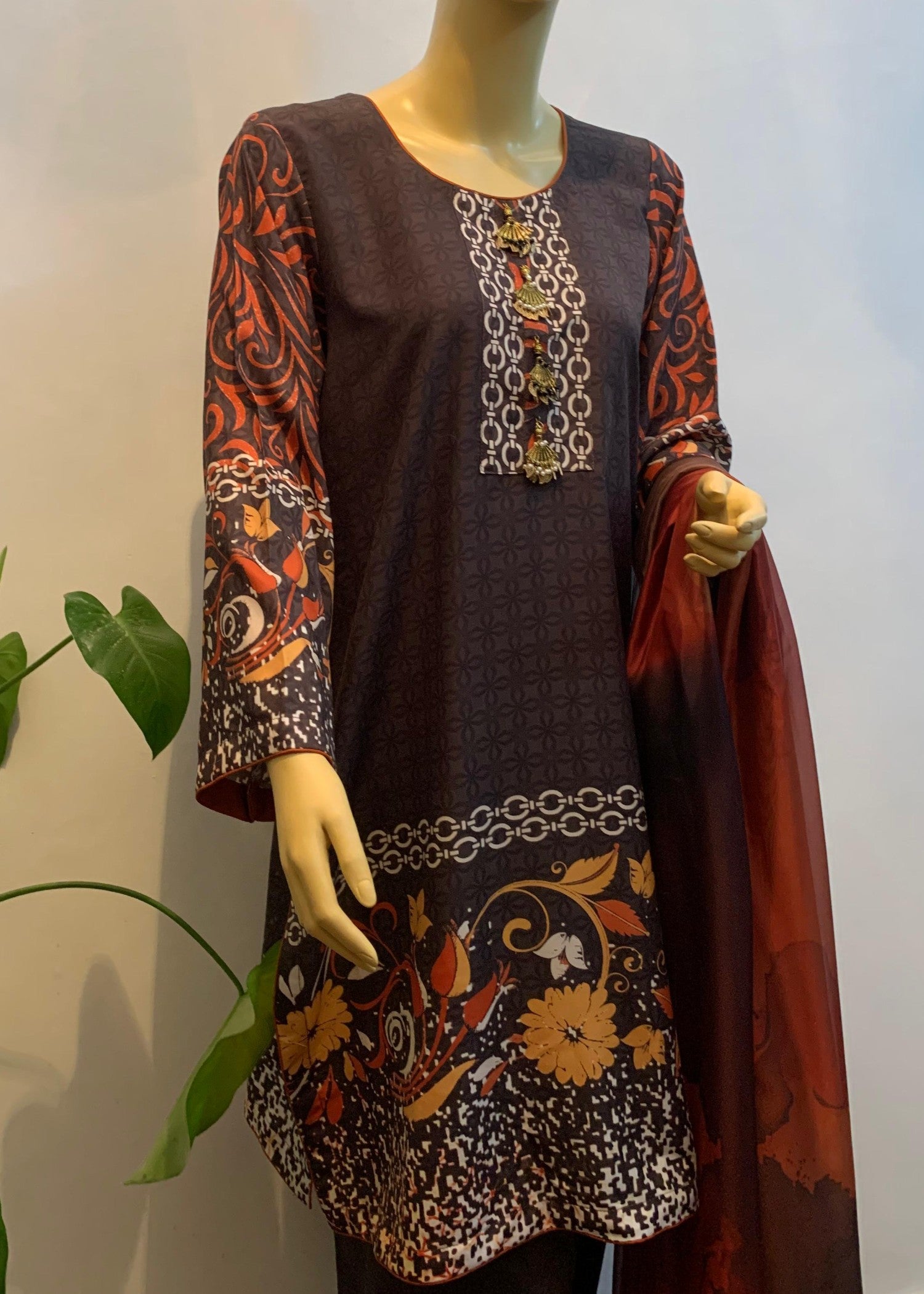 silk finish lawn Unstitched in Dark brown, mustard, peanut