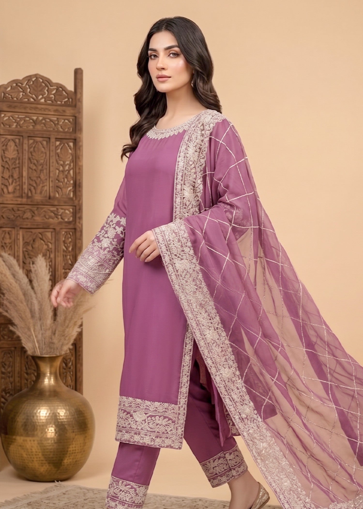 chiffon Kurta Set in Mulberry