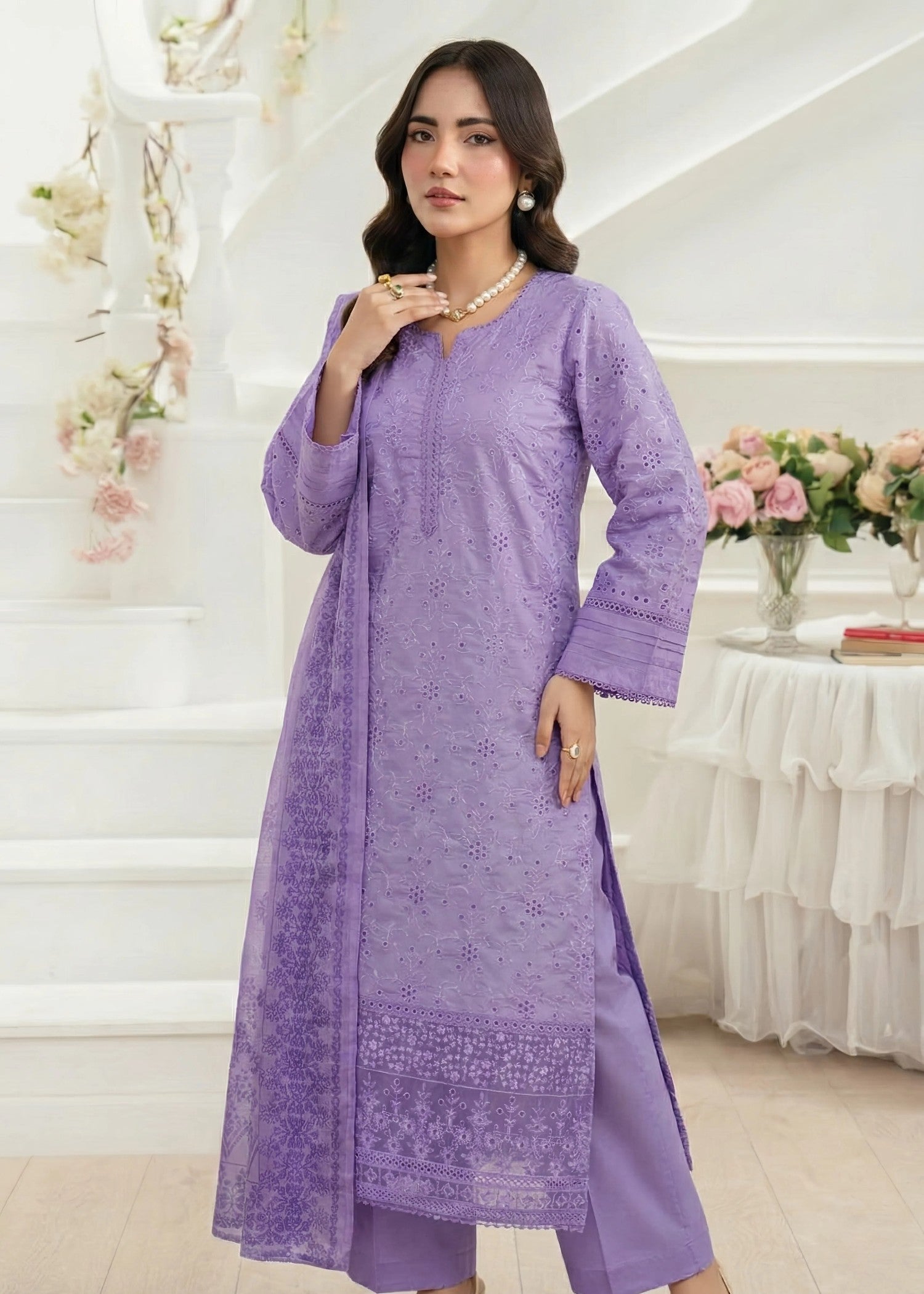 khaddi net Kurta Set in Heathered lilac