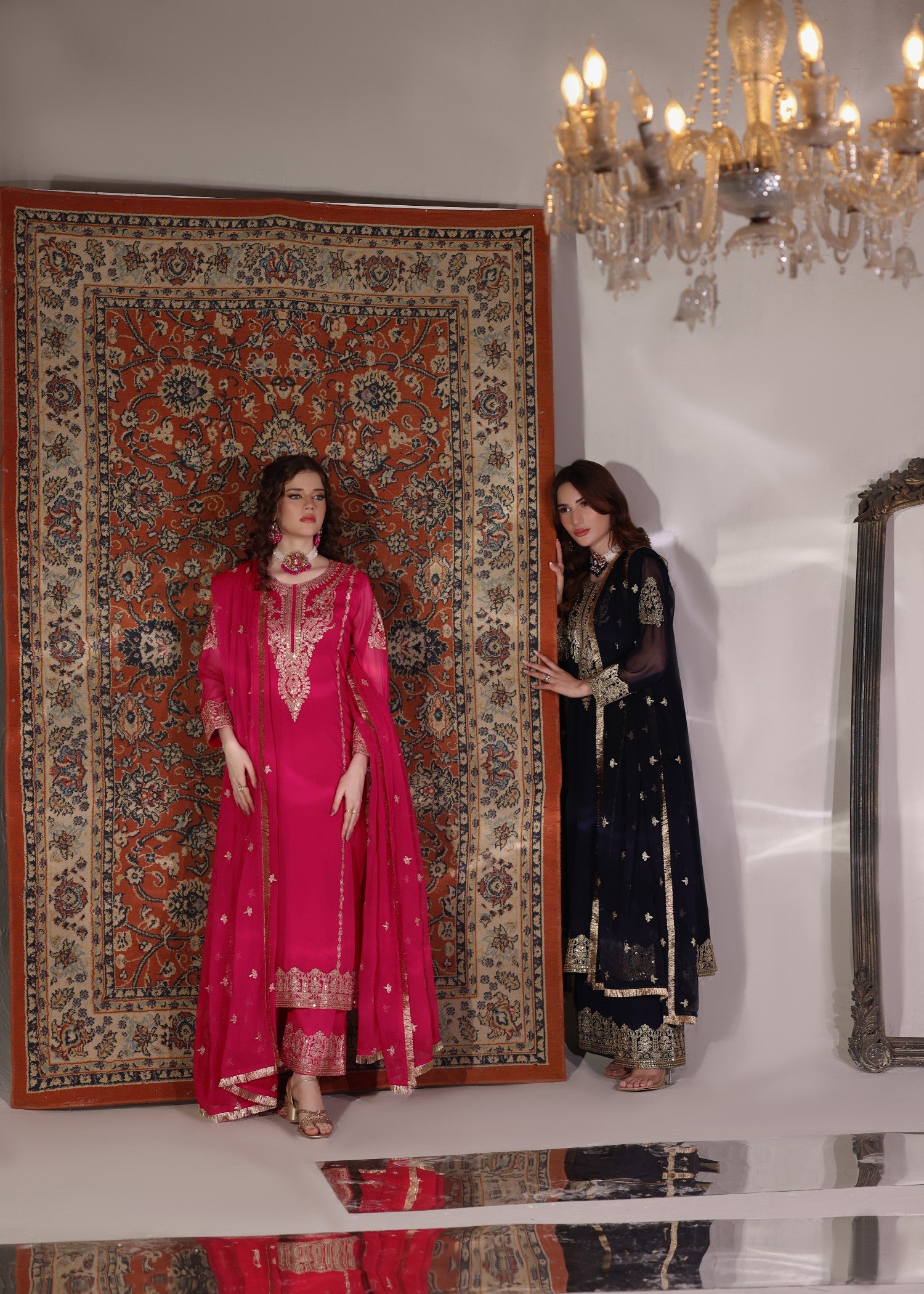 pk chiffon Kurta Set in Hot pink