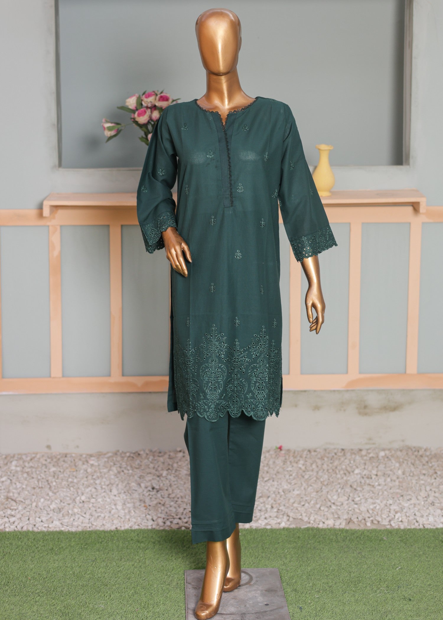 cambric Kurta Set in Green