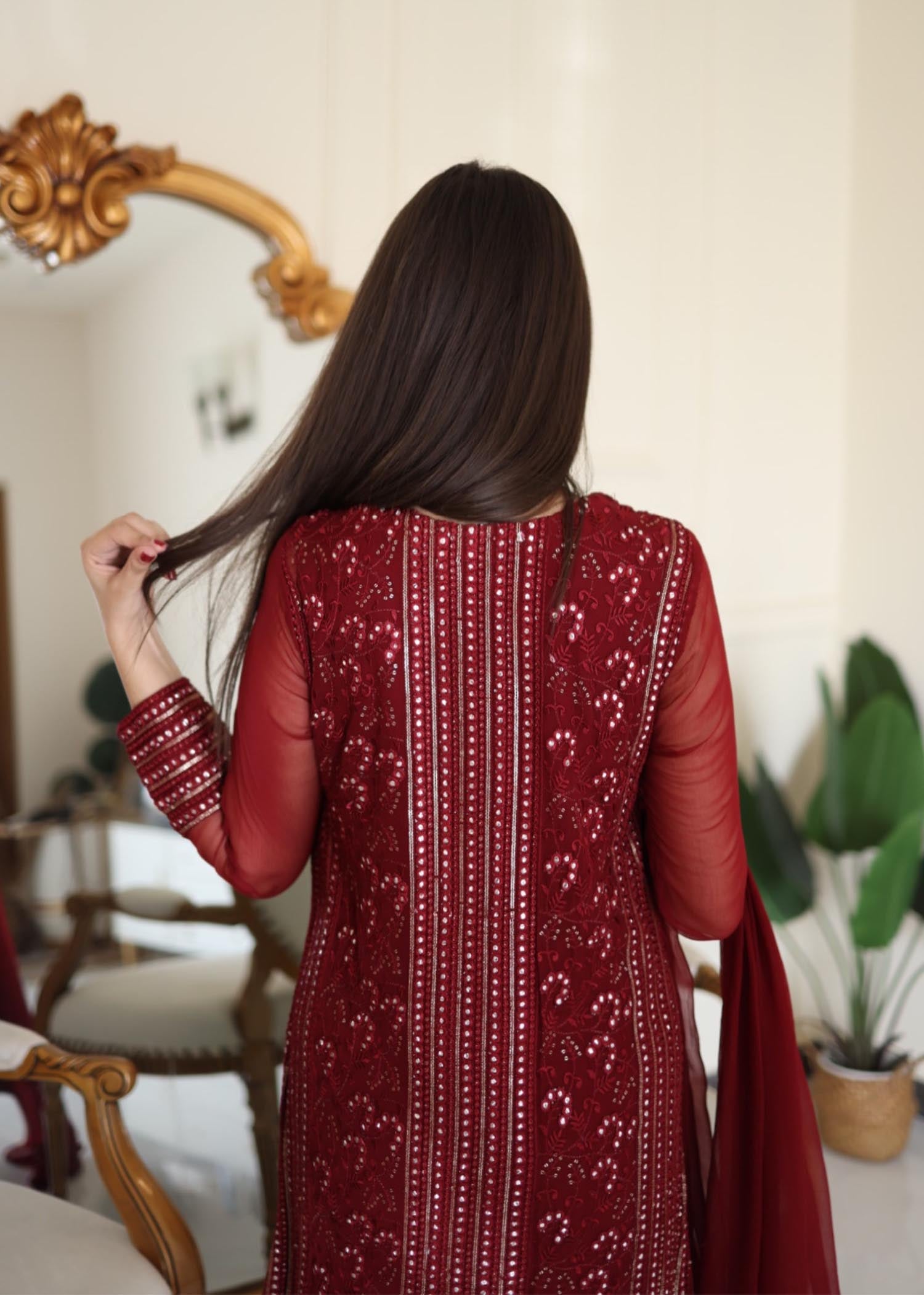 chikankari cotton Angrakha in Maroon