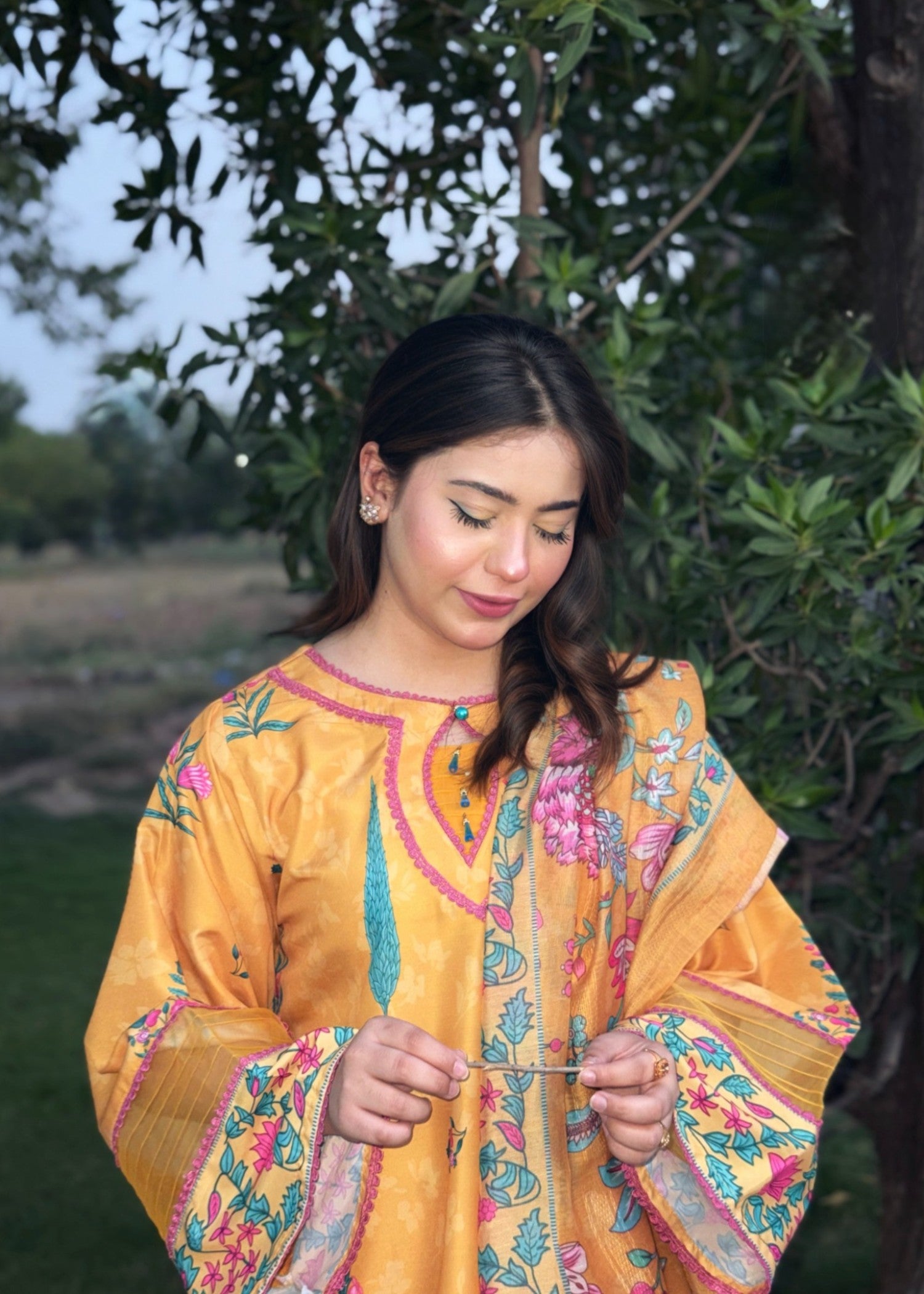 poly lawn Kurta Set in Multi, mellow yellow