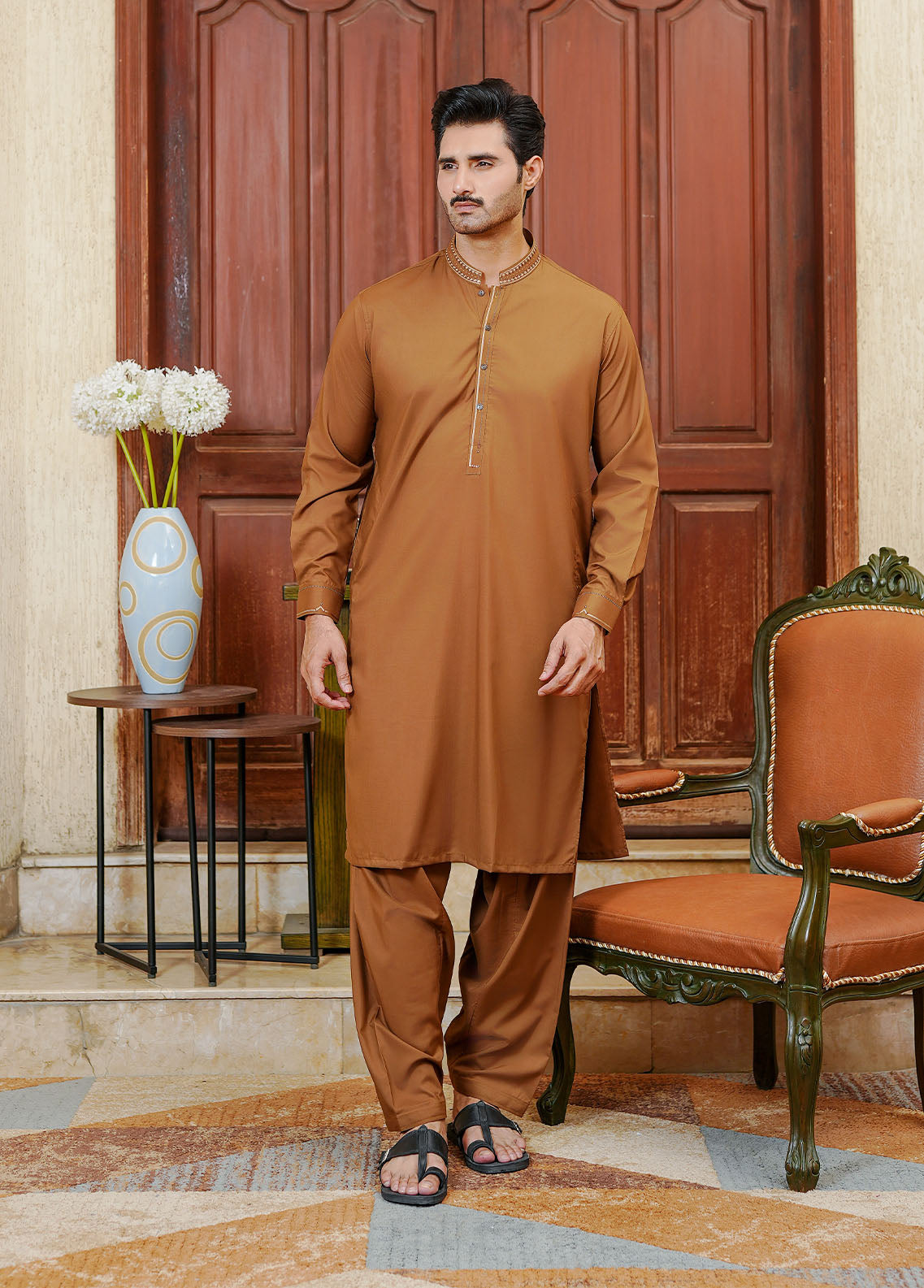 wash & wear Shalwar Kameez in Tawny brown