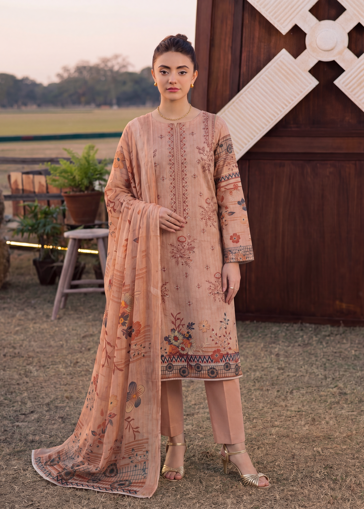 karandi Unstitched in Peach pink