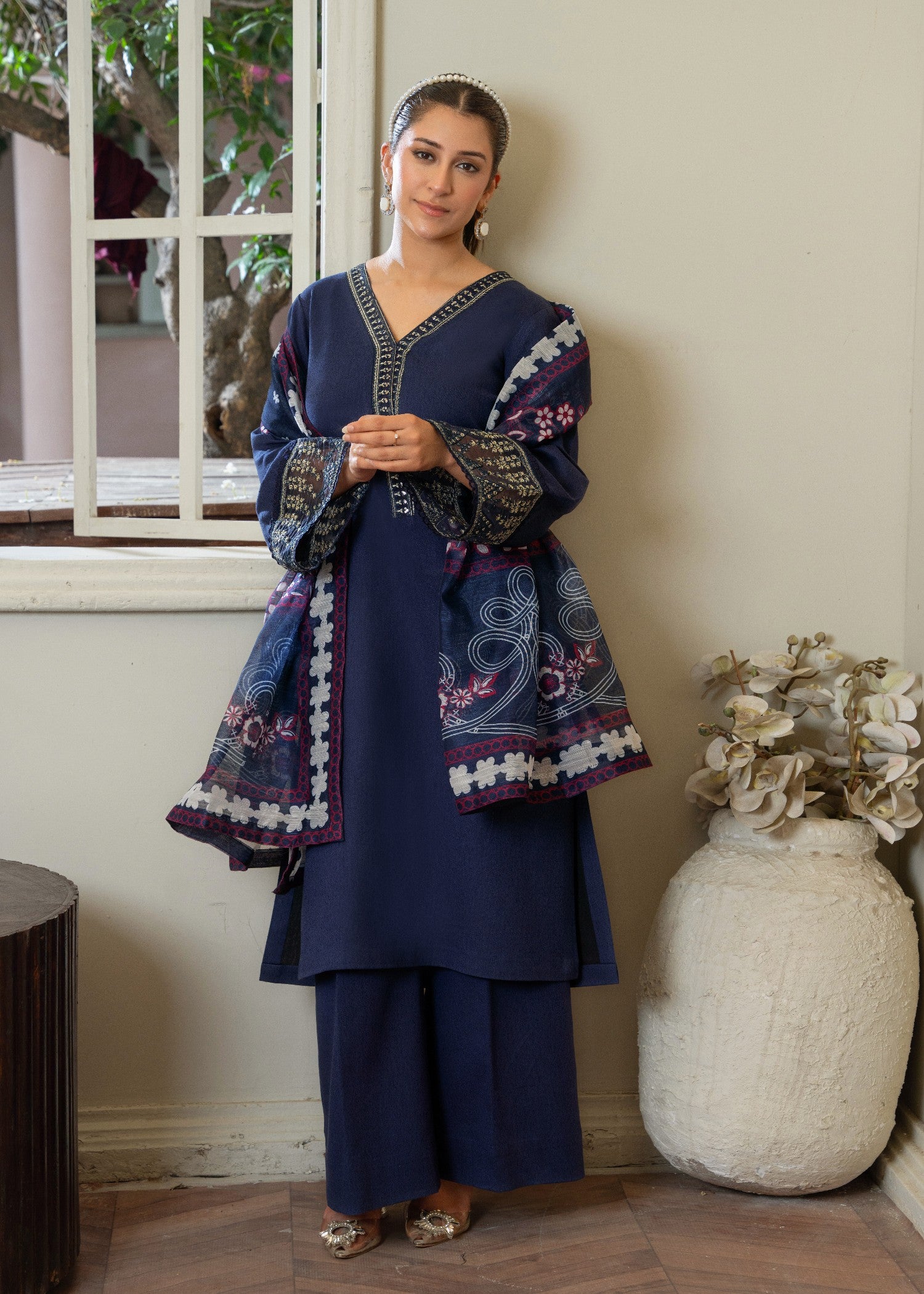lawn karandi Kurta Set in Blue jay