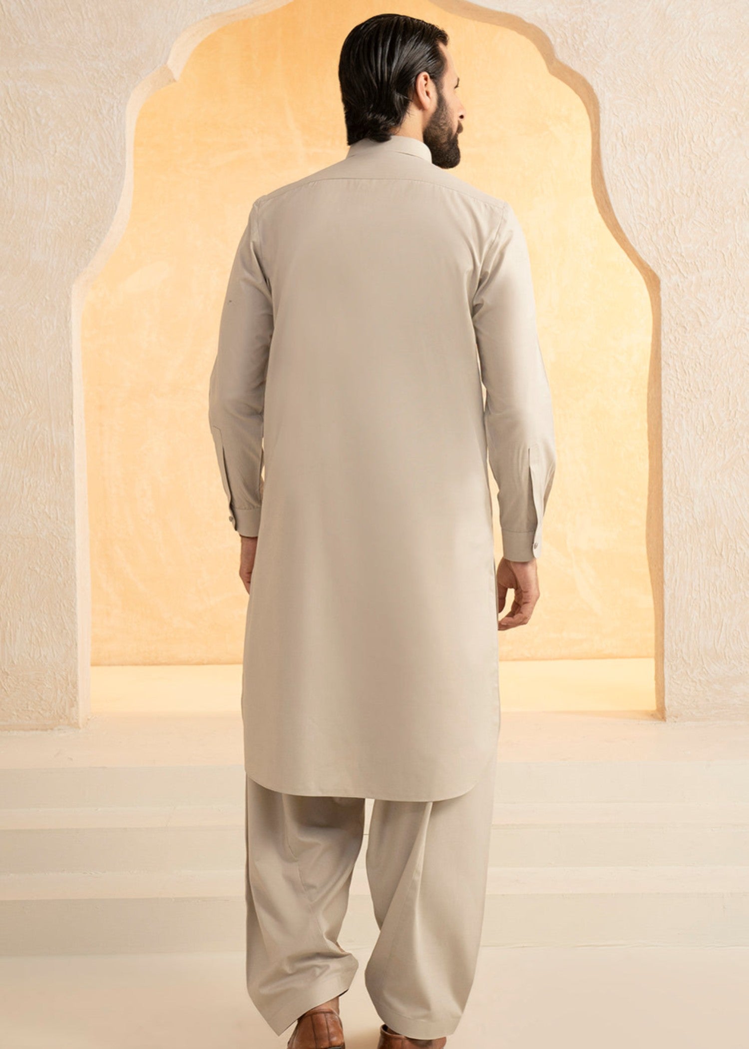 blended satin Shalwar Kameez in Stone grey