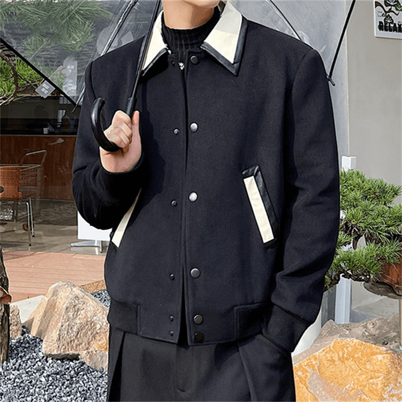 Men'S Wool Contrast Leather Lapel Jacket