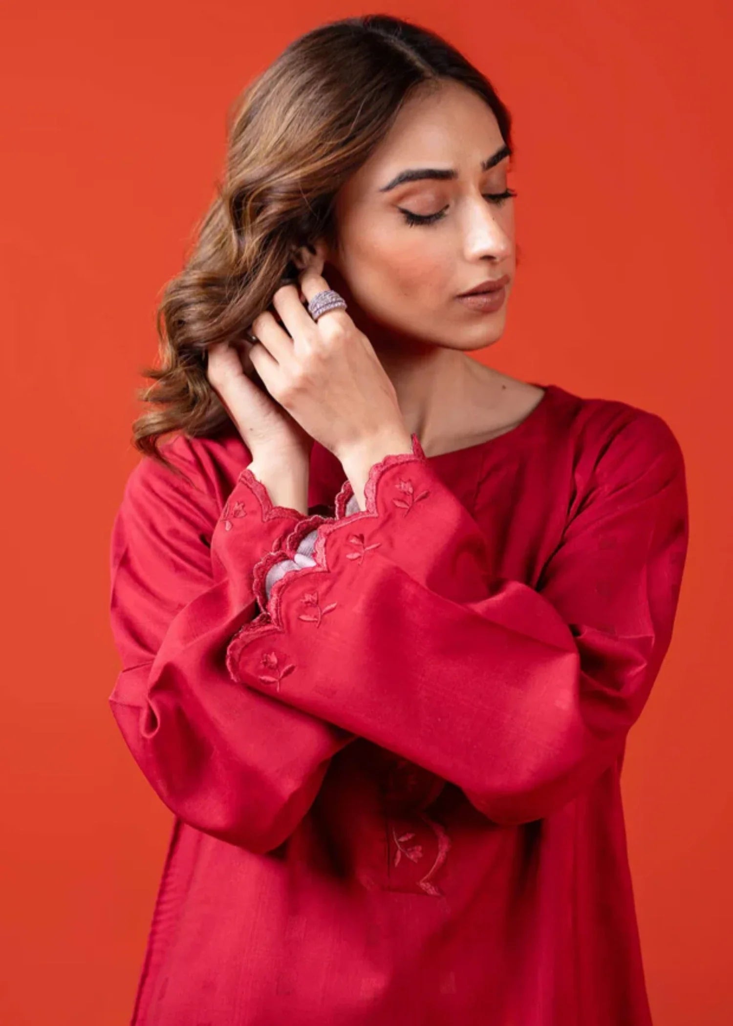 dobby Kurta Set in Red