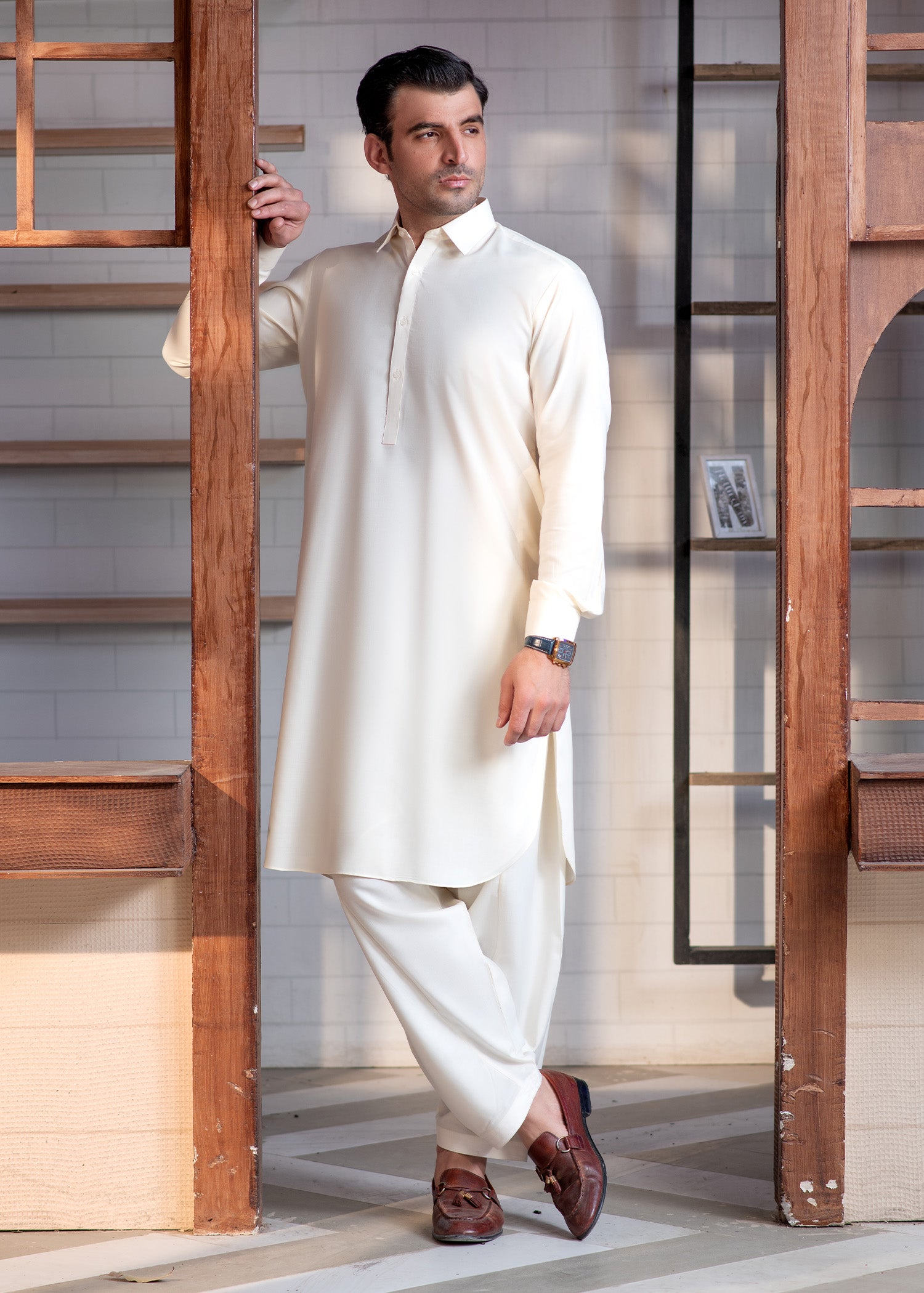 wash & wear Shalwar Kameez in Cream by Buraq