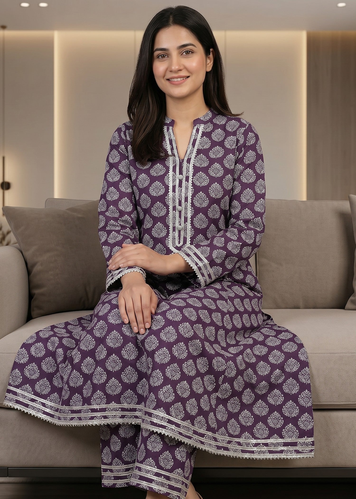 lawn Pishwas in Purple