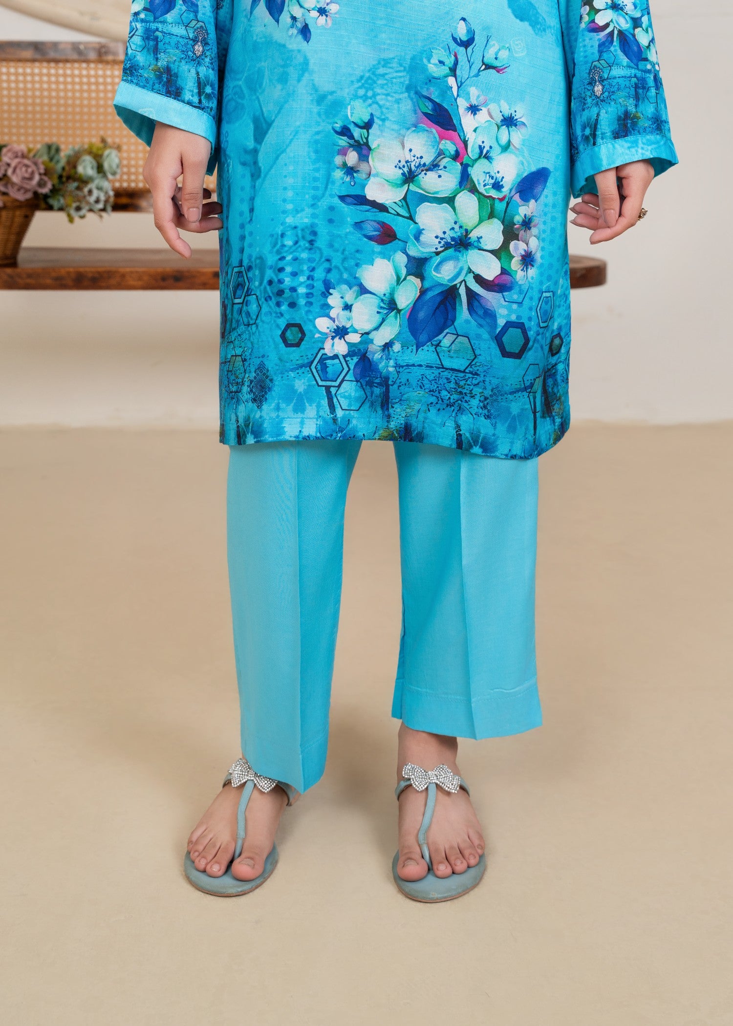 viscose linen Kurta Set in Sky blue, dark cyan