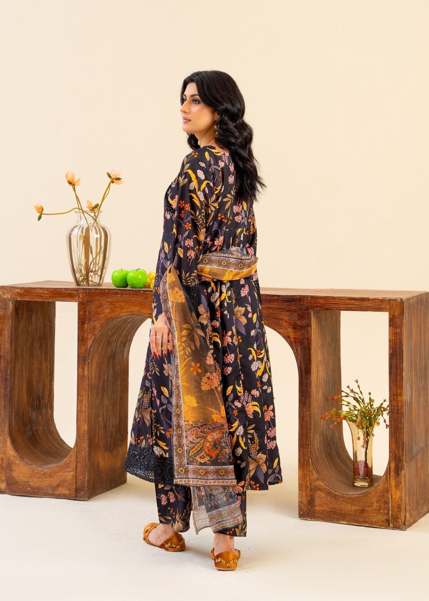 corduroy Anarkali in Black