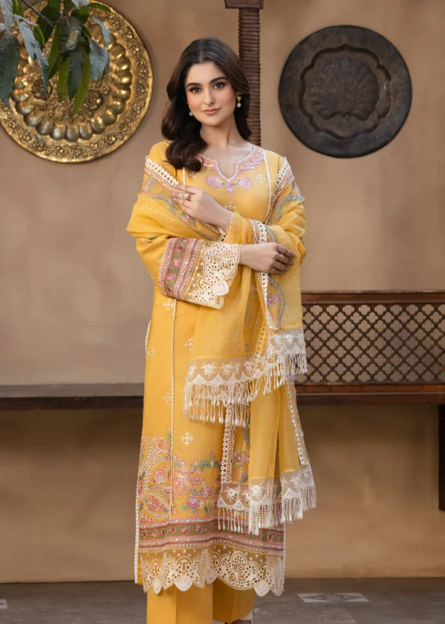 lawn Kurta Set in Golden orange