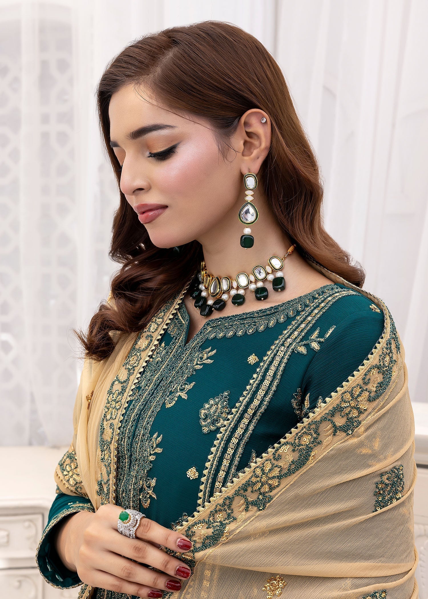 chiffon Kurta Set in Emerald green