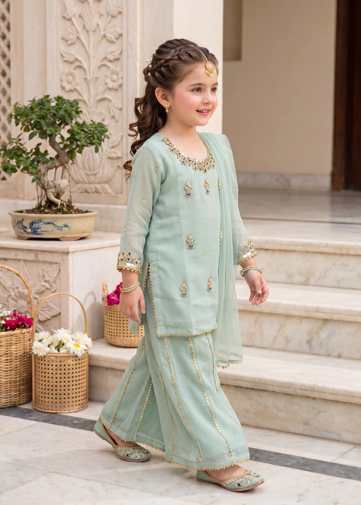 chiffon Kurta Set in Tea green