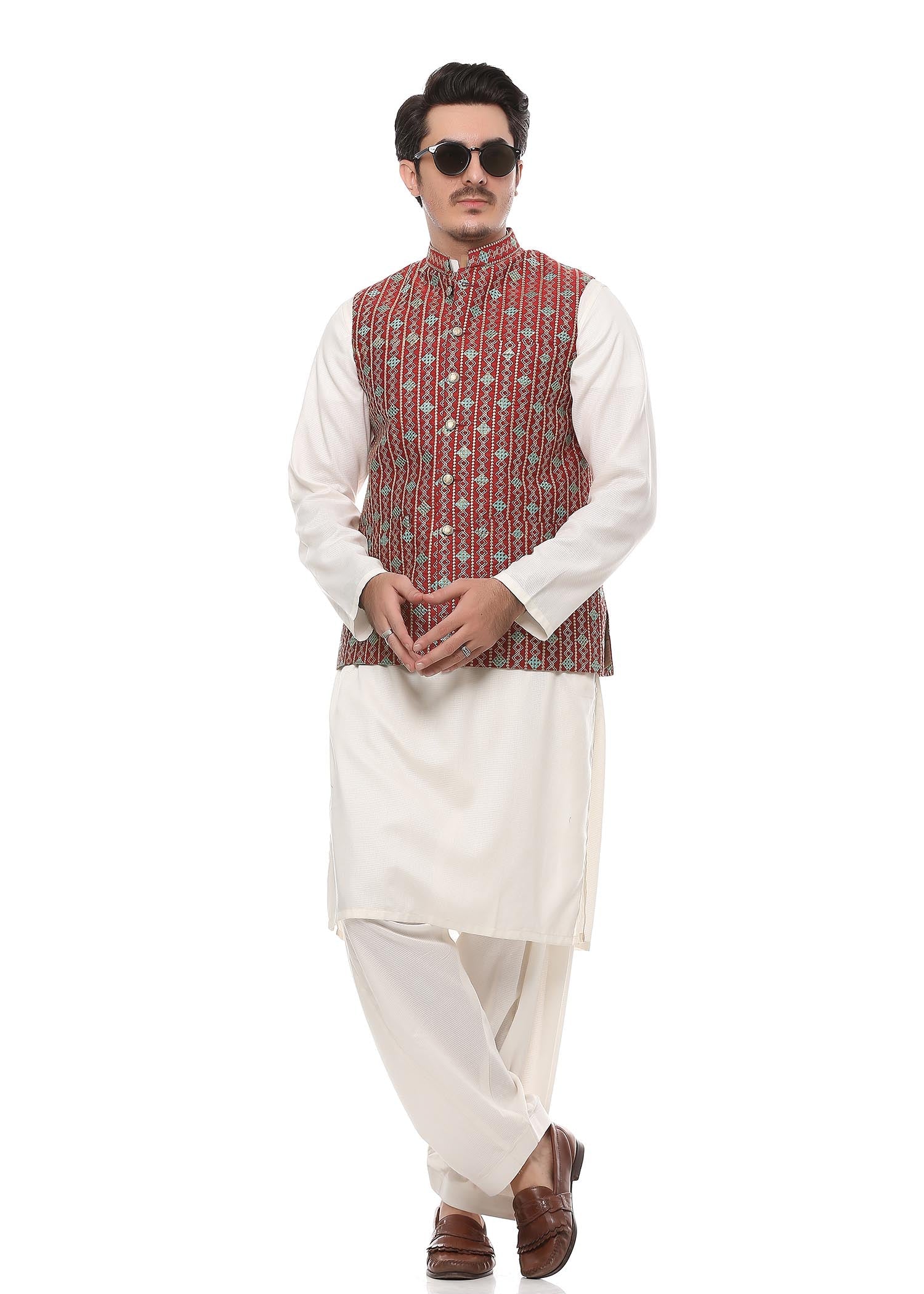 banarsi silk Waistcoat in Red
