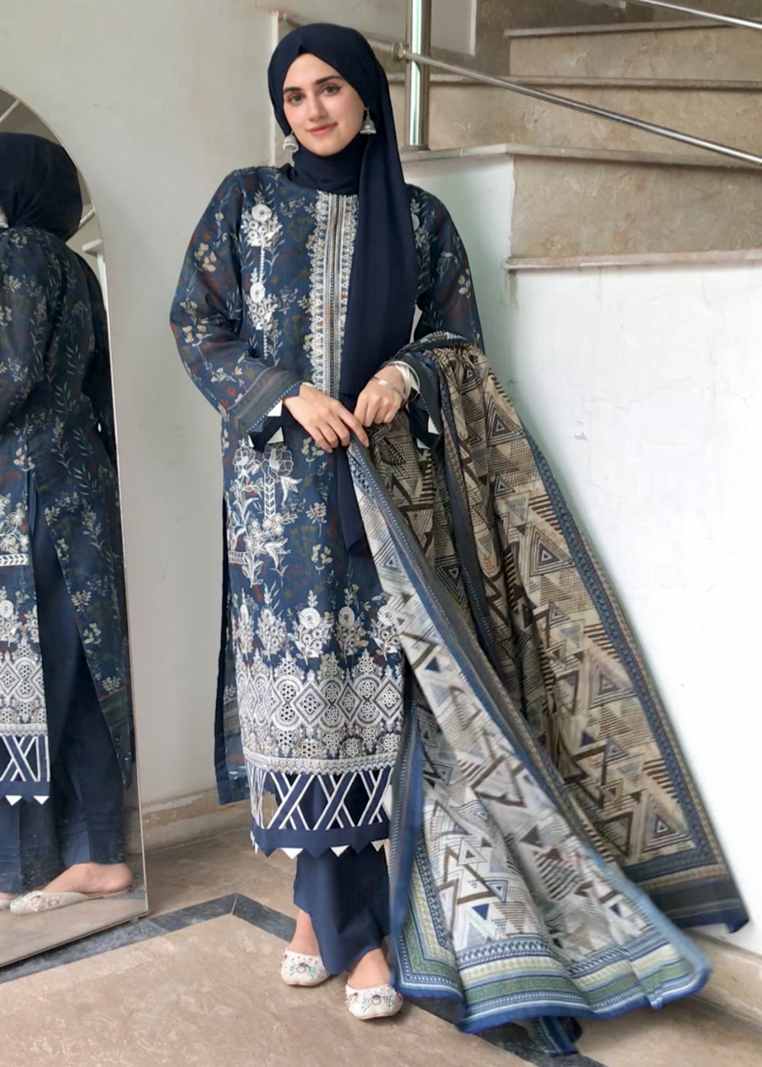 lawn Kurta Set in Aegean blue