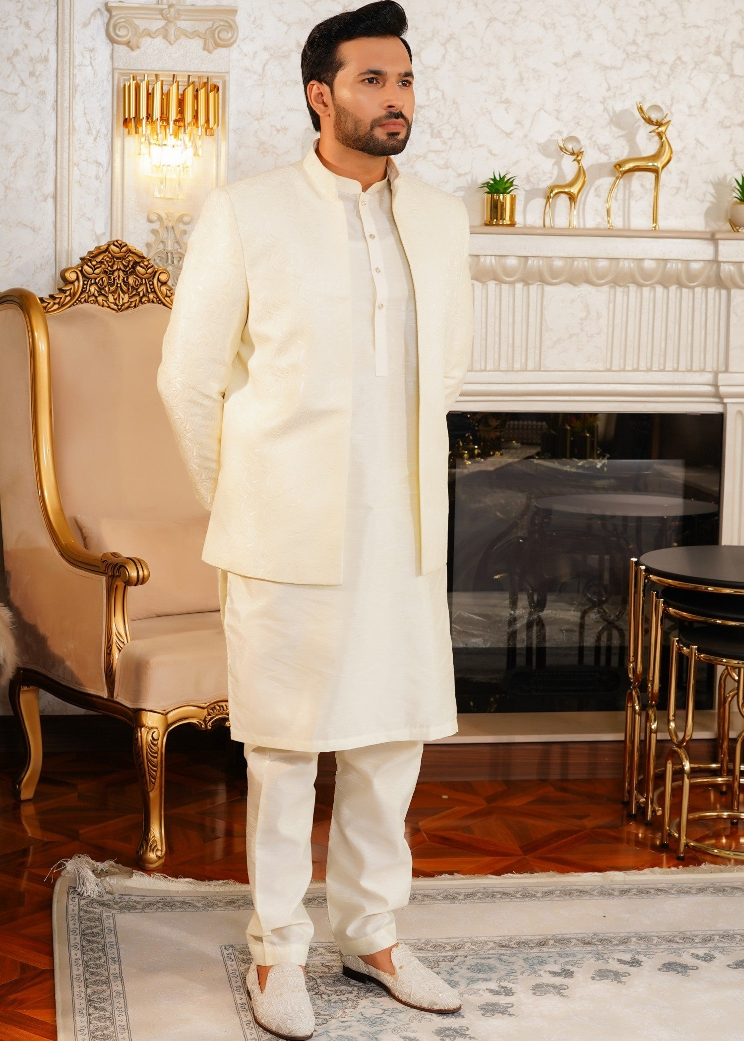 traditional jamawar Prince Coat in Cream