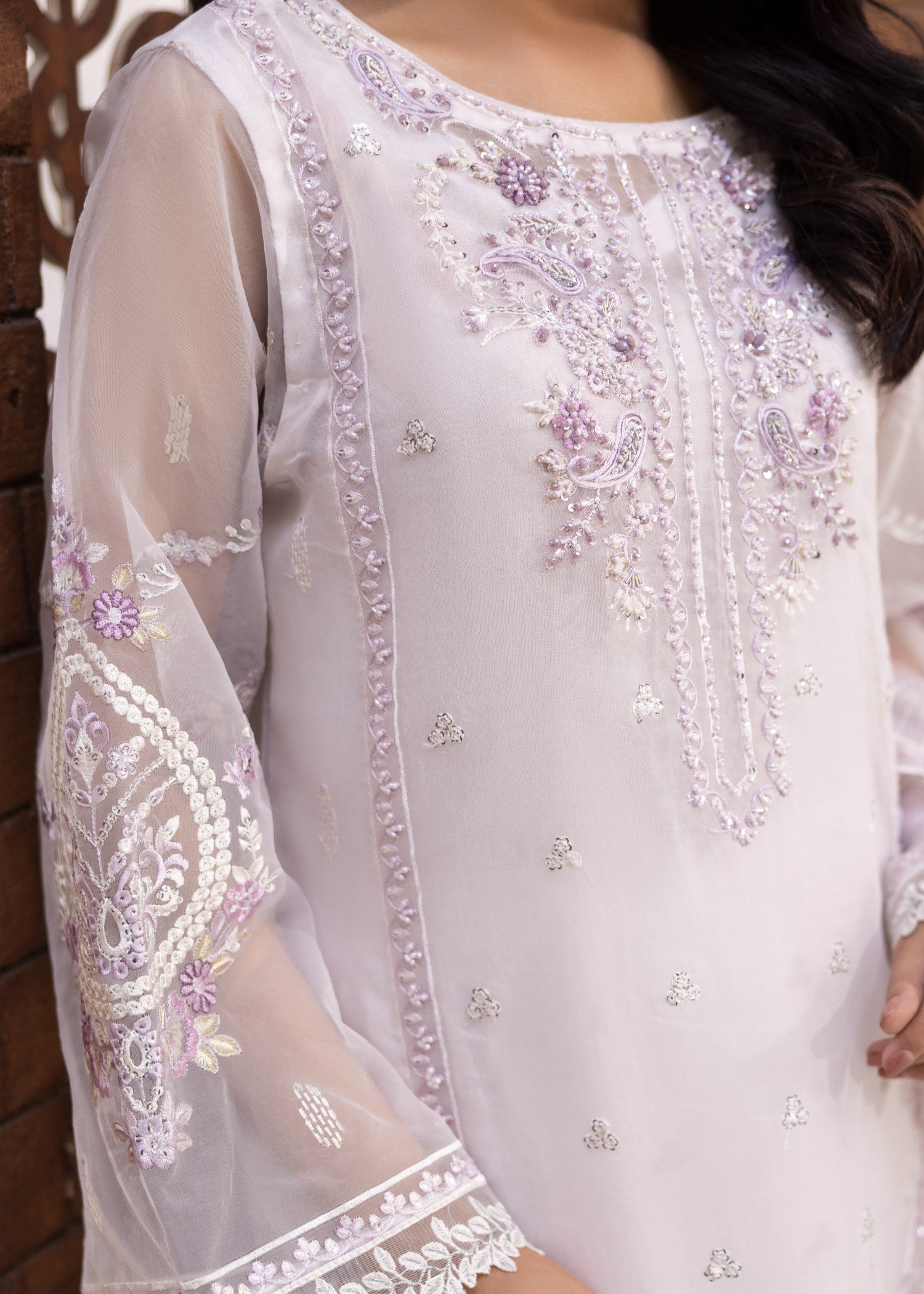 organza Kurta Set in White, purple ash