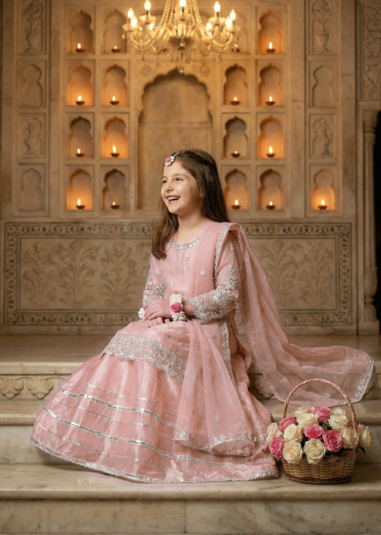 organza Lehenga in Peach pink