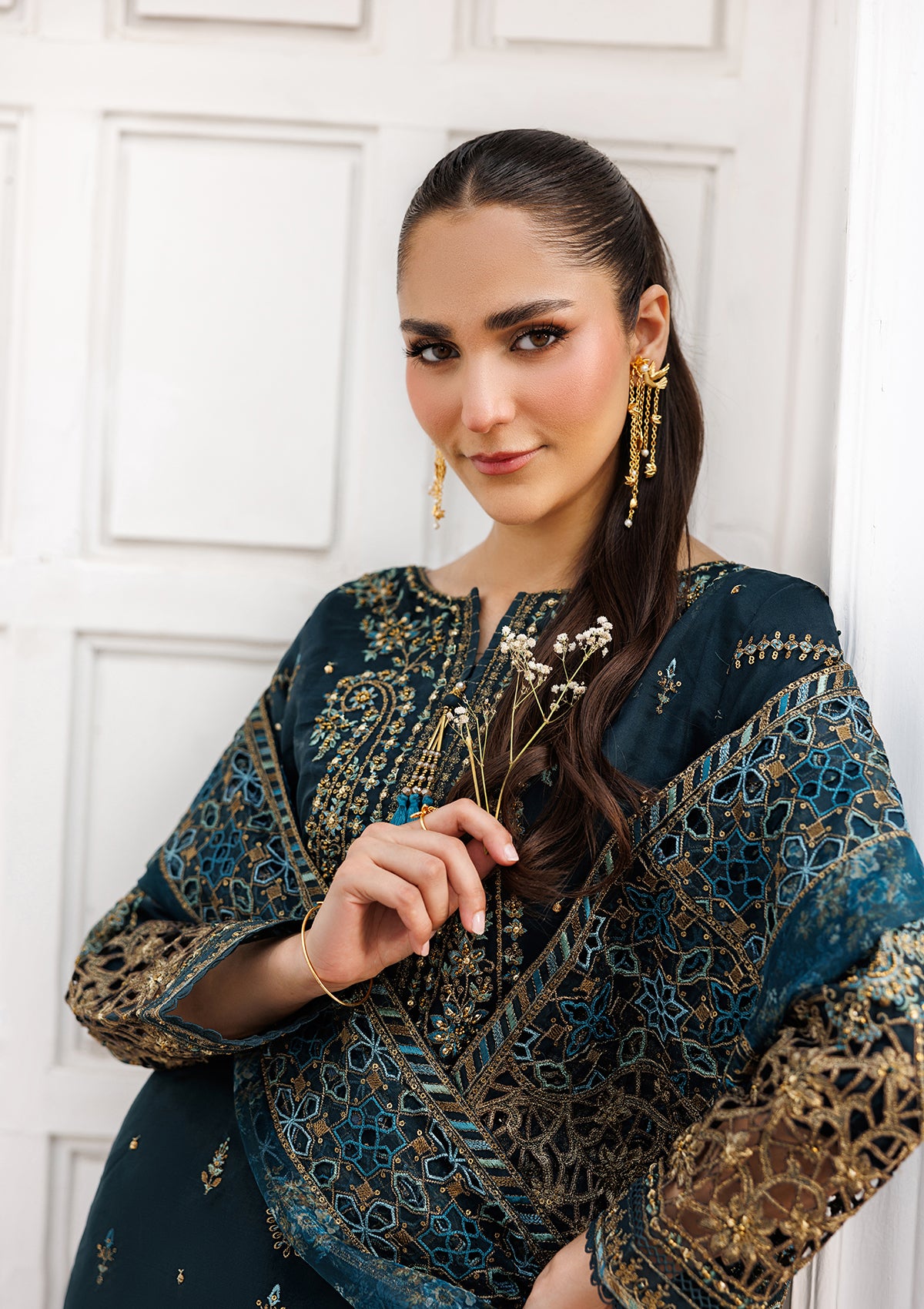 organza Kurta Set in Pine green