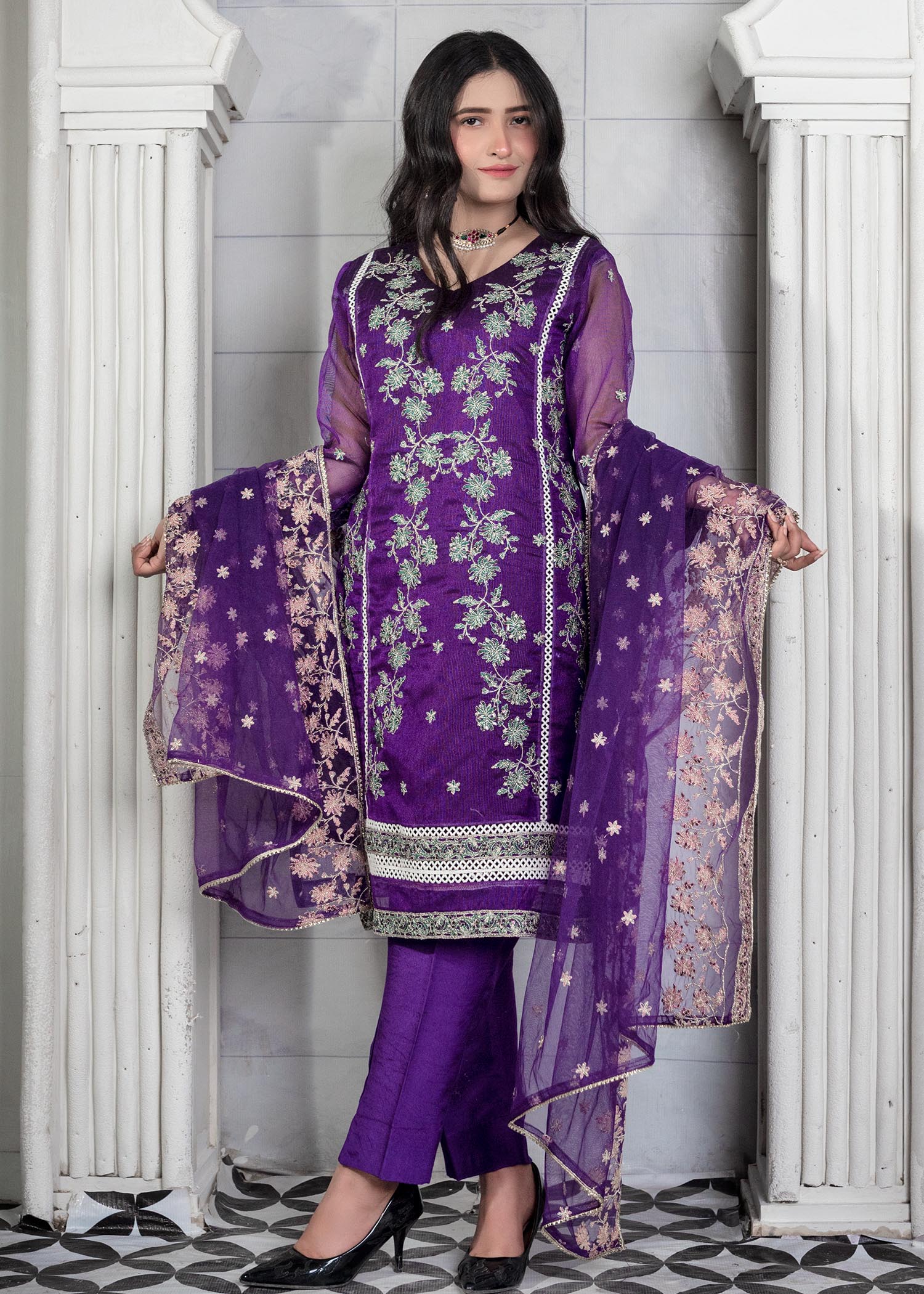 khaddi net shabnam zari Kurta Set in Purple
