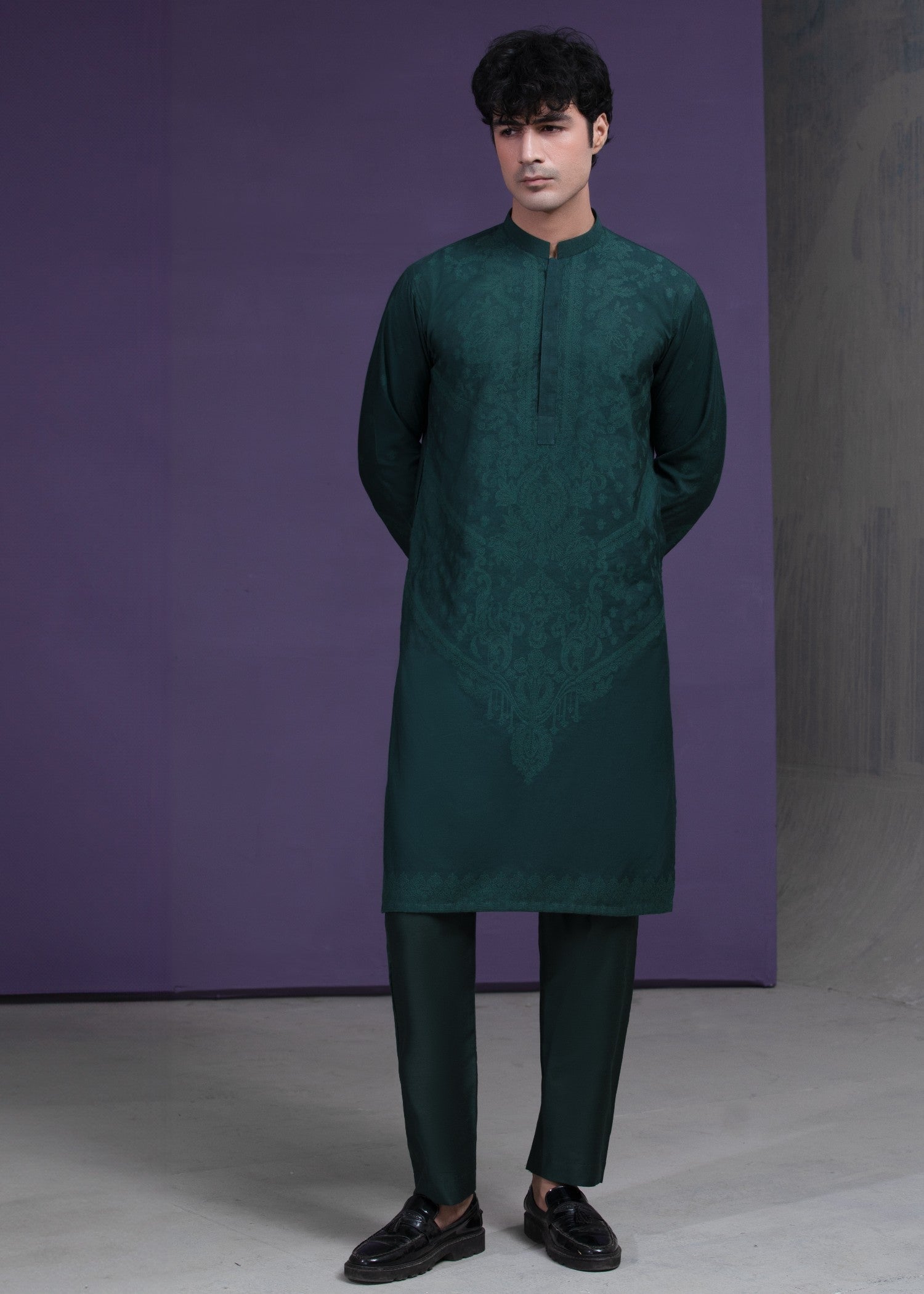 cotton silk Kurta Set in Dark green