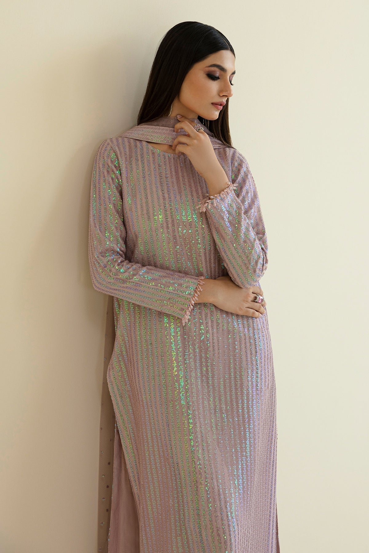 net Kurta Set in Mauve