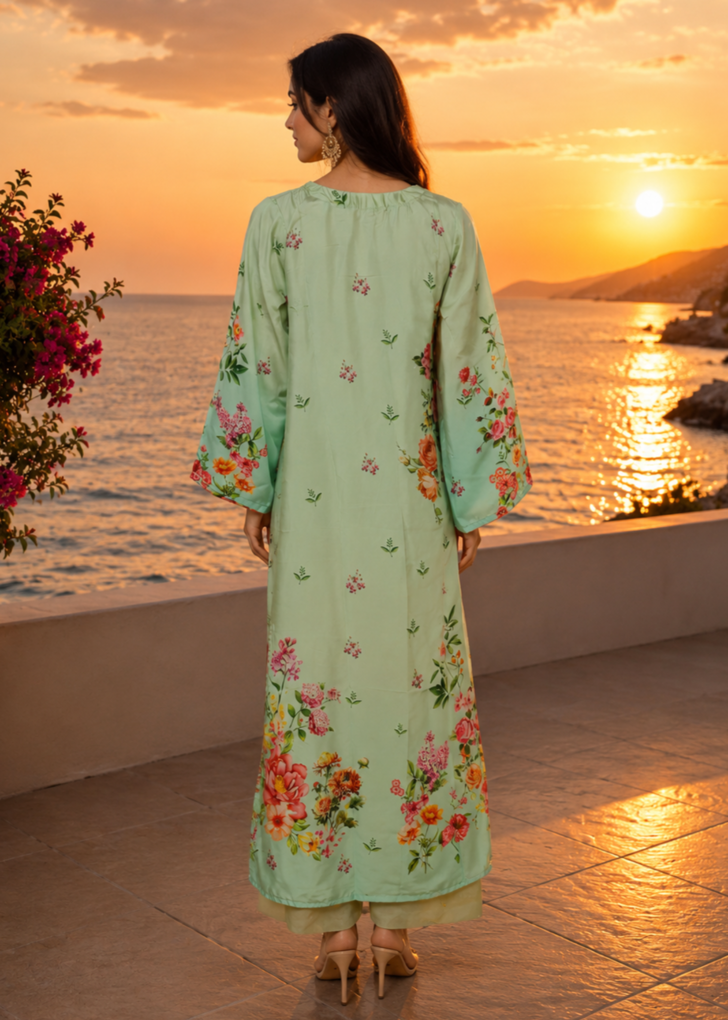silk charmeuse Kaftan in Pastel green