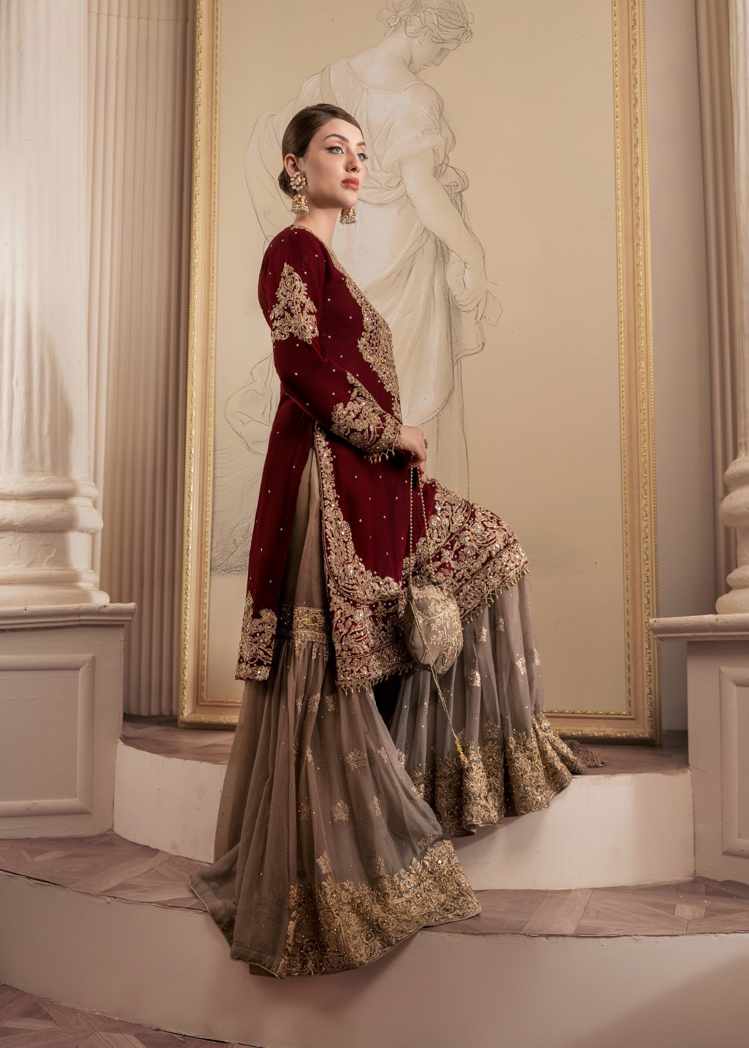 chiffon Gharara in Maroon