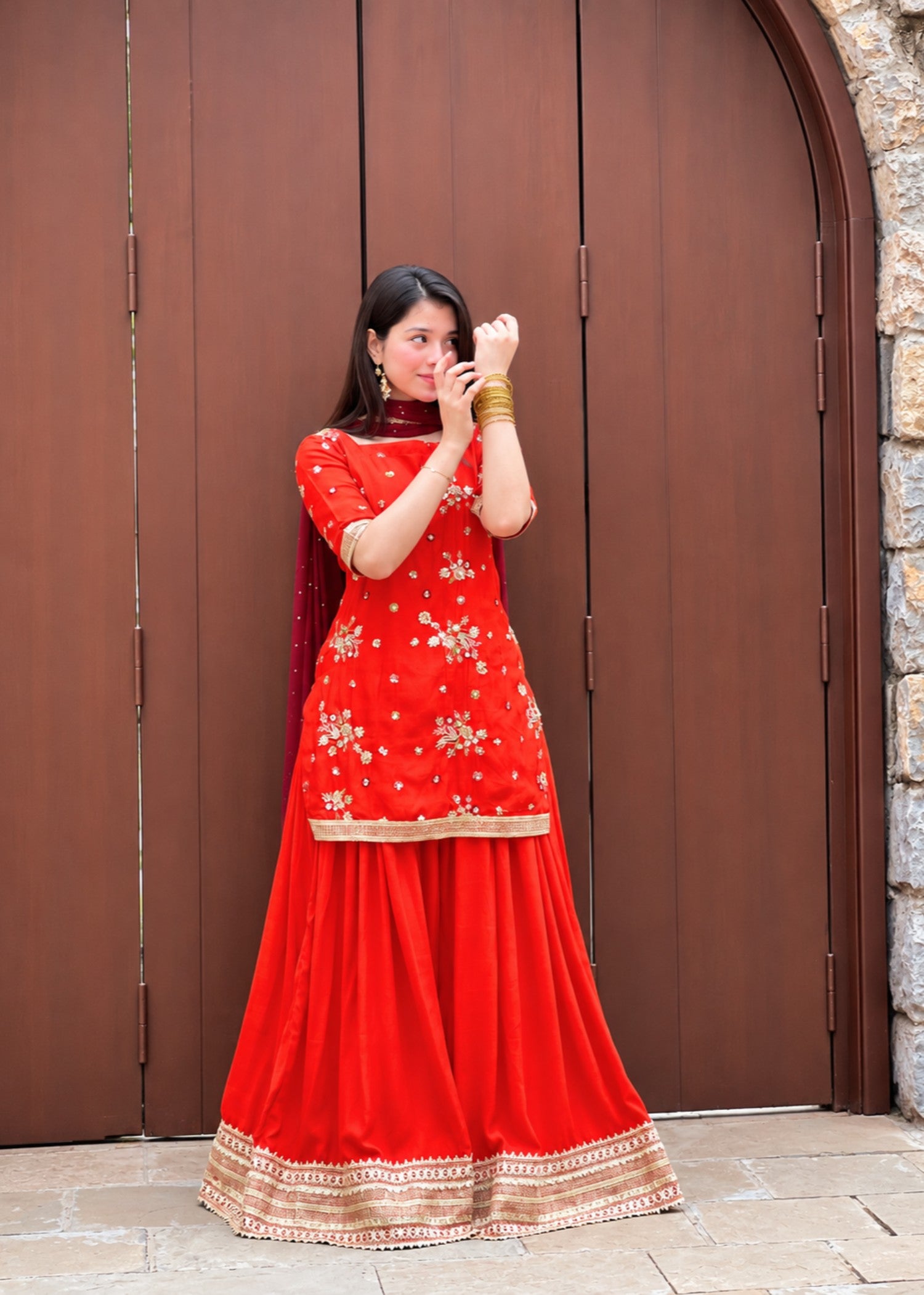 raw silk Sharara in Burnt orange