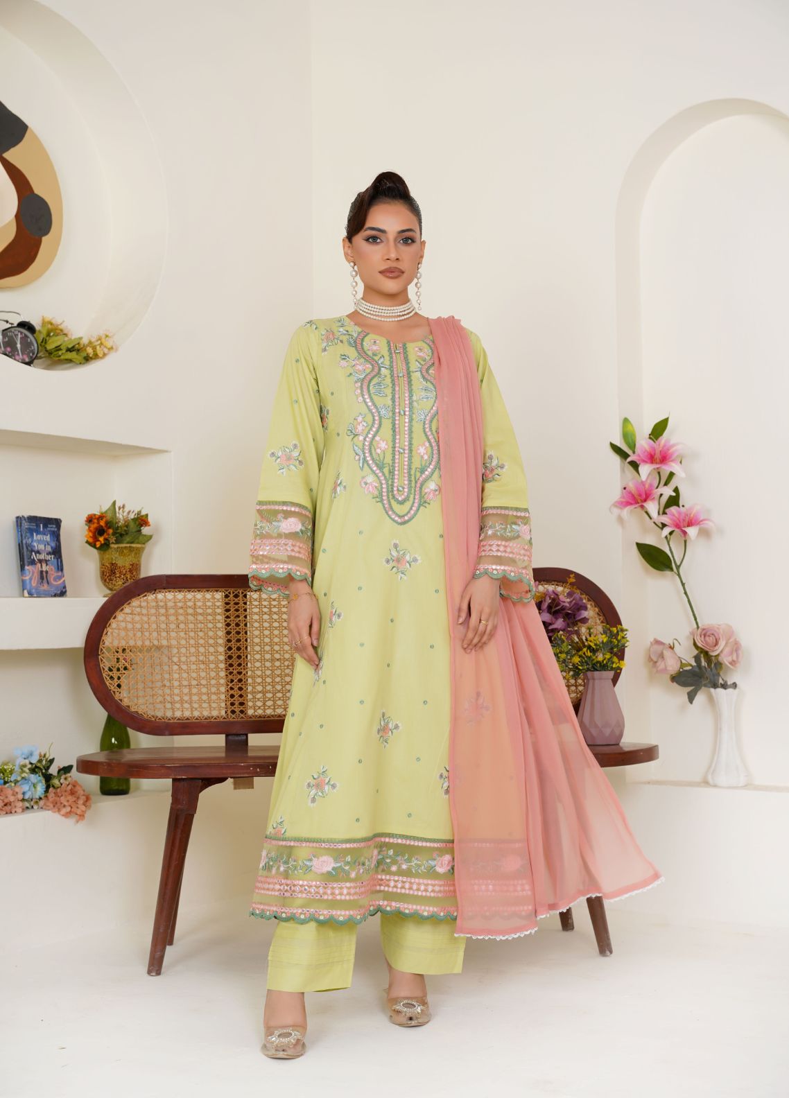 lawn Pishwas in Lime green