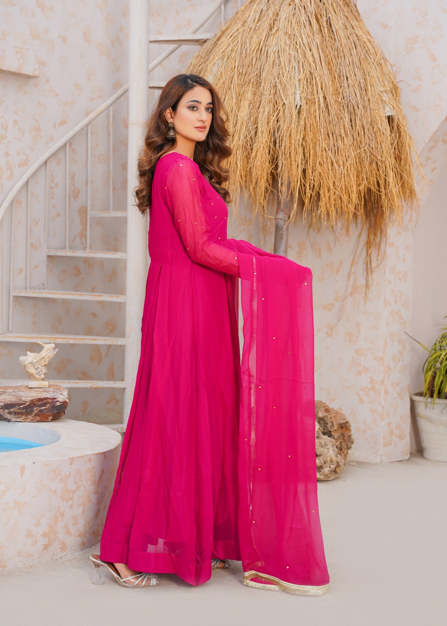 chiffon Anarkali in Hot pink